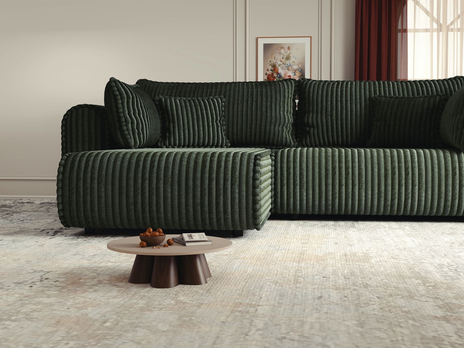 Colțar extensibil dumonde cu ladă de depozitare si sezut confortabil din spuma high-density, Monaco L Tilia Verde 270x100 cm
