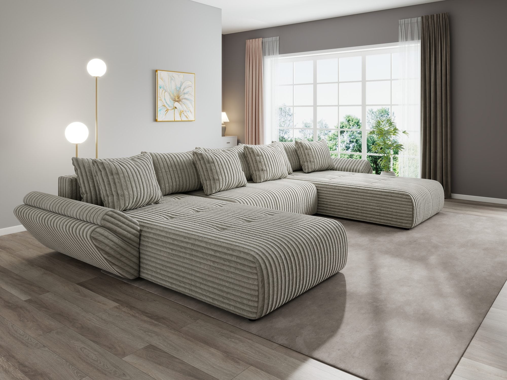 Colțar extensibil dumonde cu ladă de depozitare si sezut confortabil din spuma high-density, Berlin U Tilia Gri- Bej 11 380x180 cm