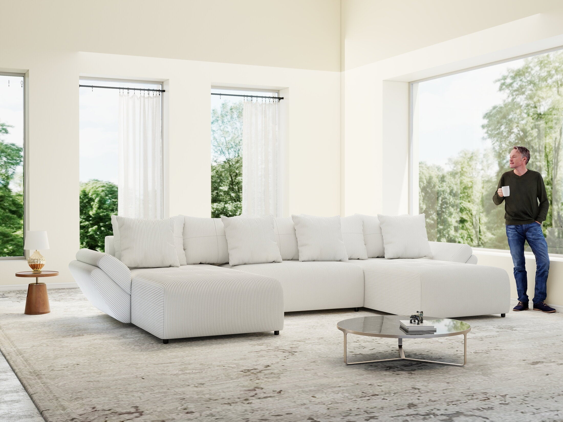 Colțar extensibil dumonde cu ladă de depozitare si sezut confortabil din spuma high-density, Berlin U Zoom Crem 400x185 cm