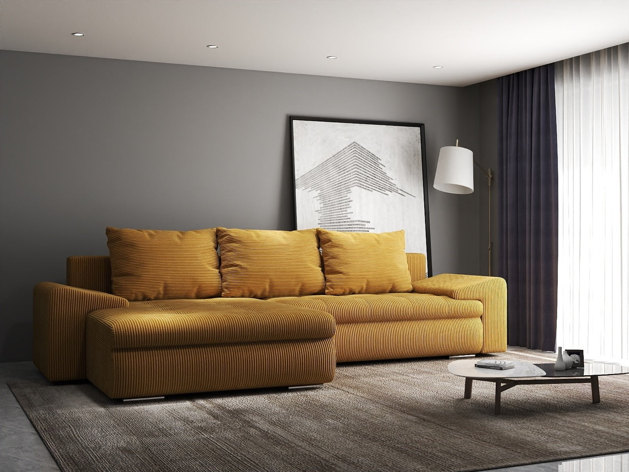 Colțar extensibil dumonde cu ladă de depozitare si sezut confortabil din spuma HR, Leonardo Zoom Mustar 260x185 cm Fabrica