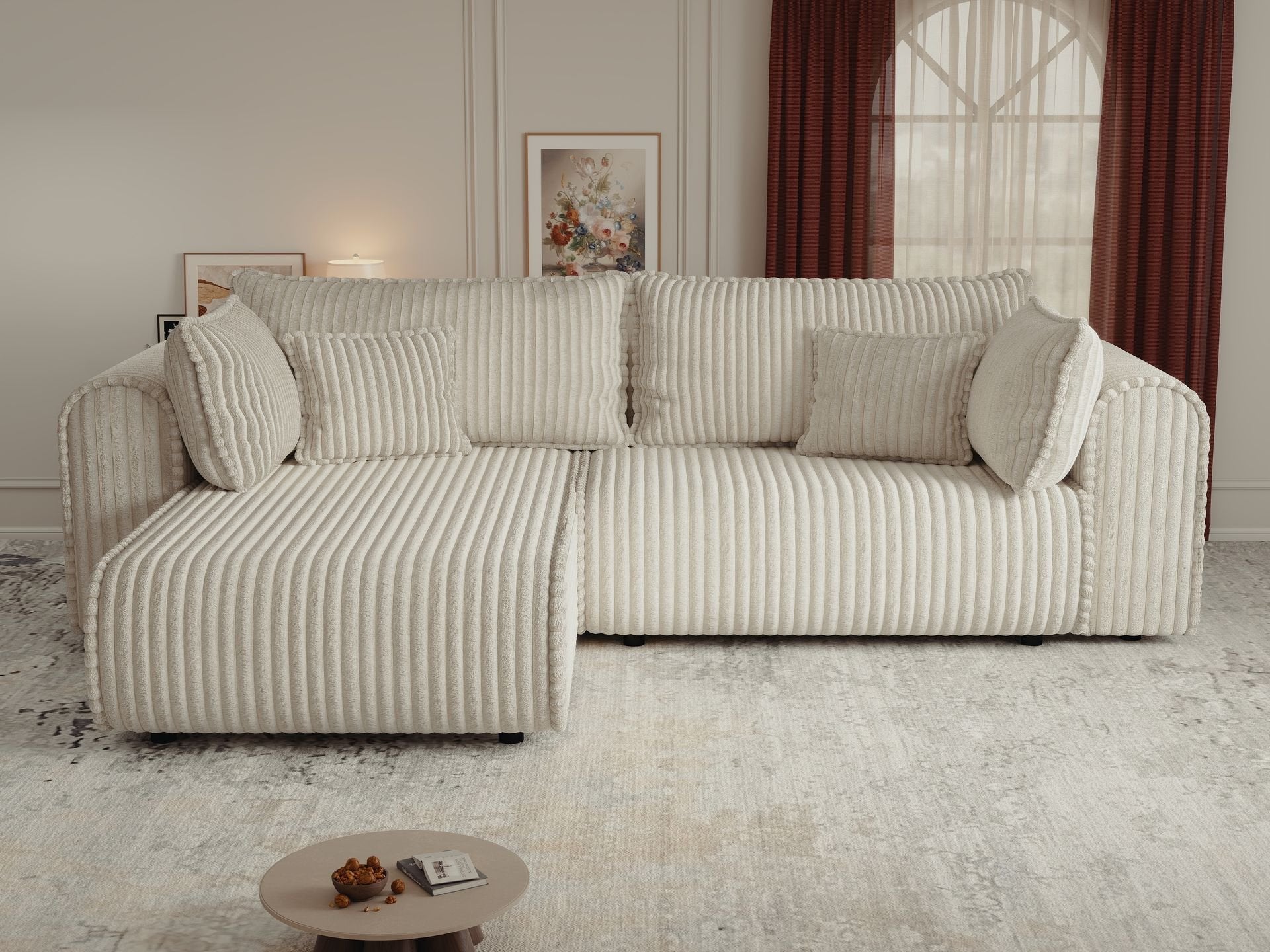 Colțar extensibil dumonde cu ladă de depozitare si sezut confortabil din spuma high-density, Monaco L Tilia Crem 270x100 cm
