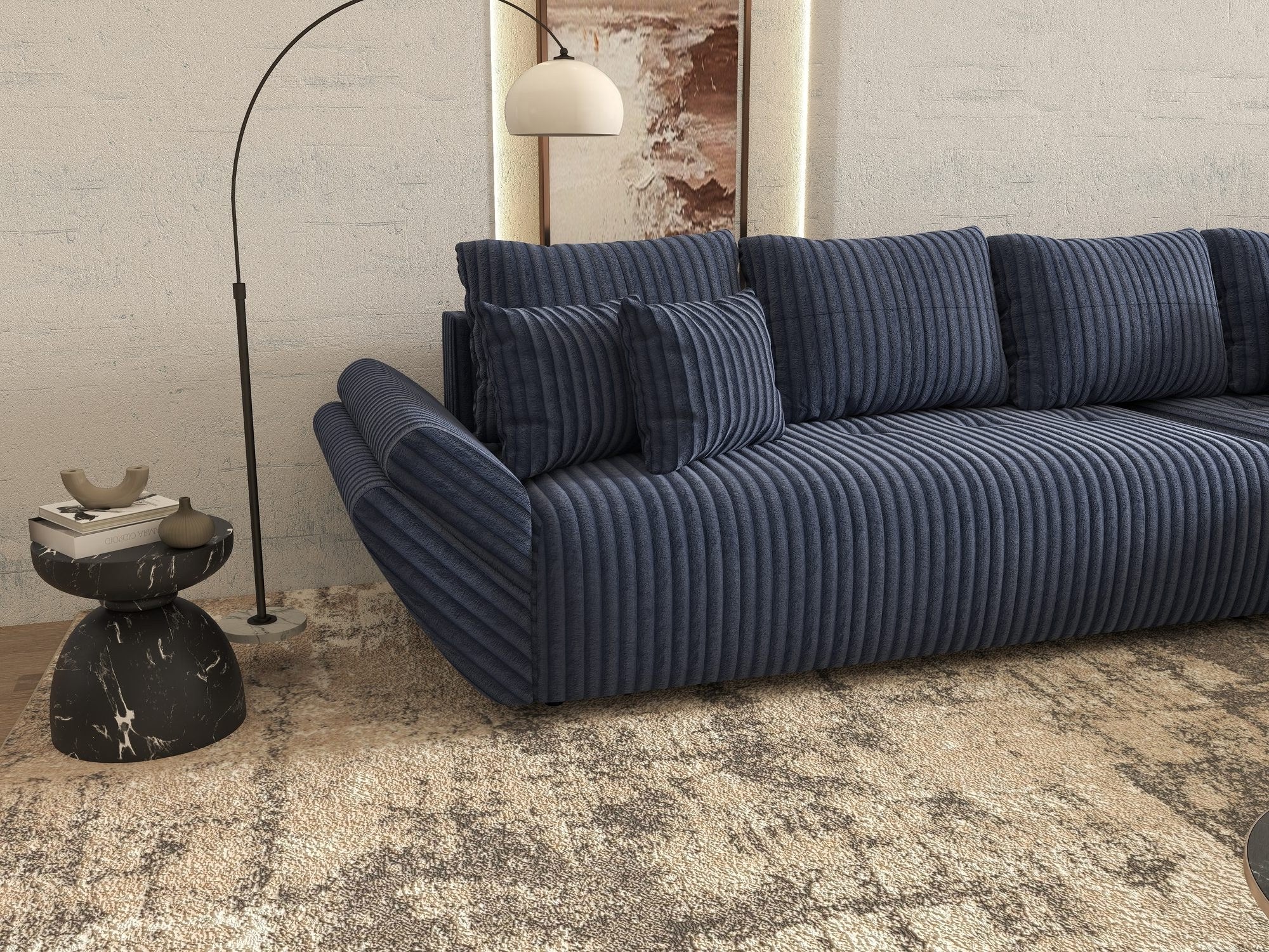 Colțar extensibil dumonde cu ladă de depozitare si sezut confortabil din spuma high-density, Berlin XL Tilia Albastru 77 II 350x185 cm