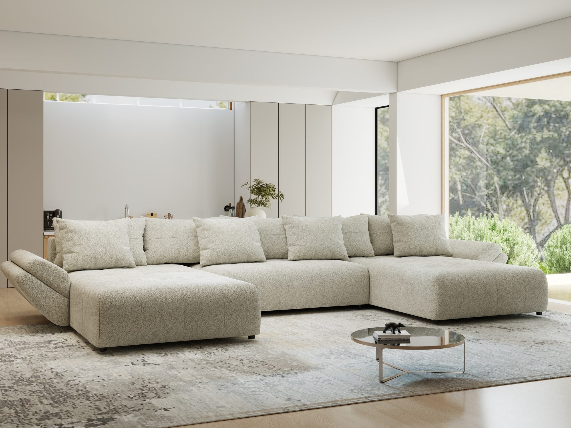Colțar extensibil dumonde cu ladă de depozitare si sezut confortabil din spuma high-density, Berlin U Arena Bej 20 380x180 cm
