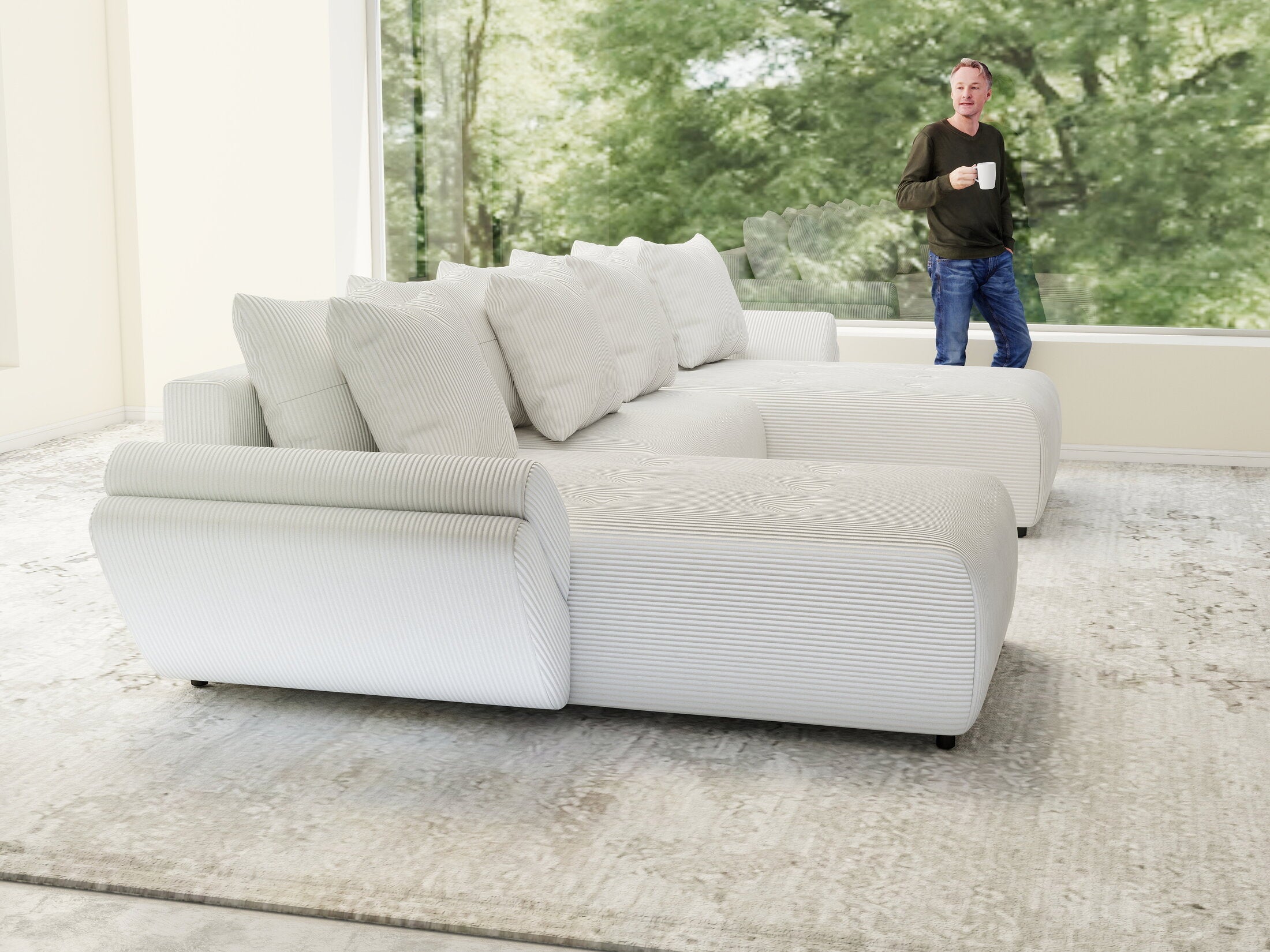 Colțar extensibil dumonde cu ladă de depozitare si sezut confortabil din spuma high-density, Berlin U Zoom Crem 400x185 cm
