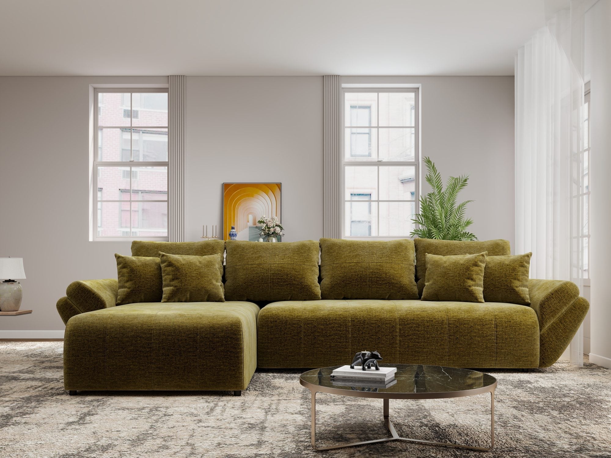 Colțar extensibil dumonde cu ladă de depozitare si sezut confortabil din spuma high-density, Berlin XL Monolith Verde Olive 38 350x185 cm
