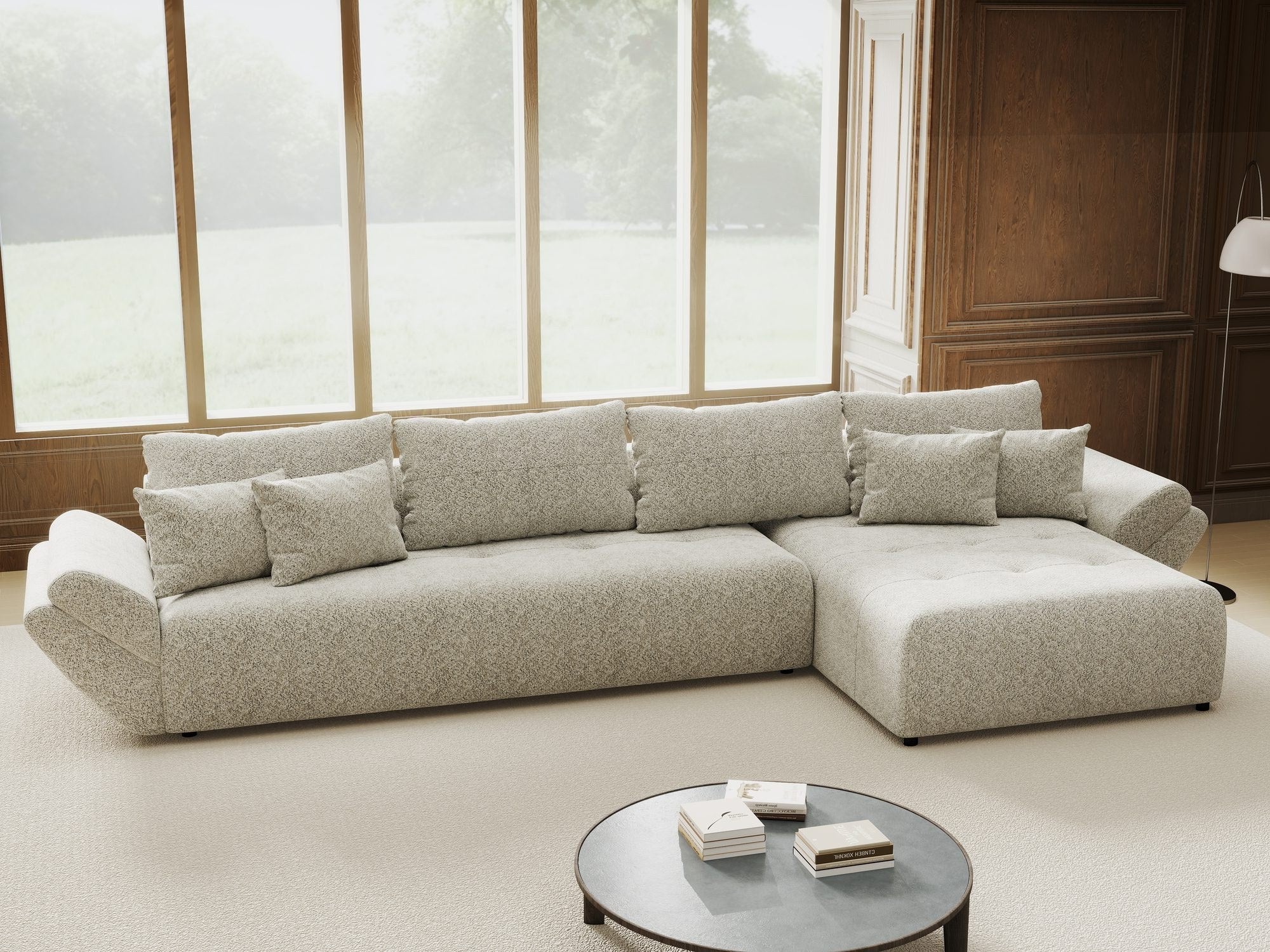 Colțar extensibil dumonde cu ladă de depozitare si sezut confortabil din spuma high-density, Berlin XL Arena Bej 2 II 350x185 cm