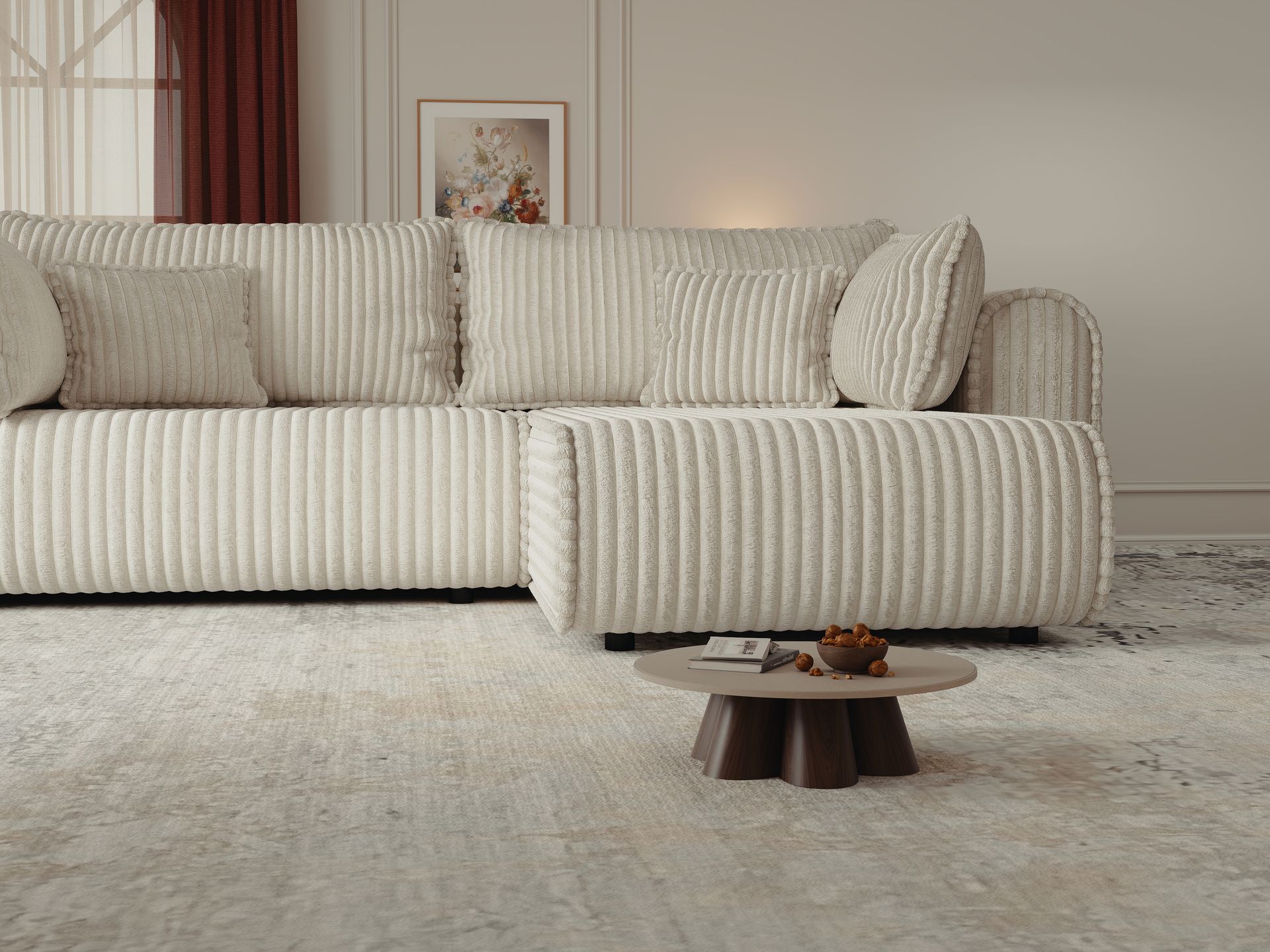 Colțar extensibil dumonde cu ladă de depozitare si sezut confortabil din spuma high-density, Monaco L Tilia Crem II 270x100 cm