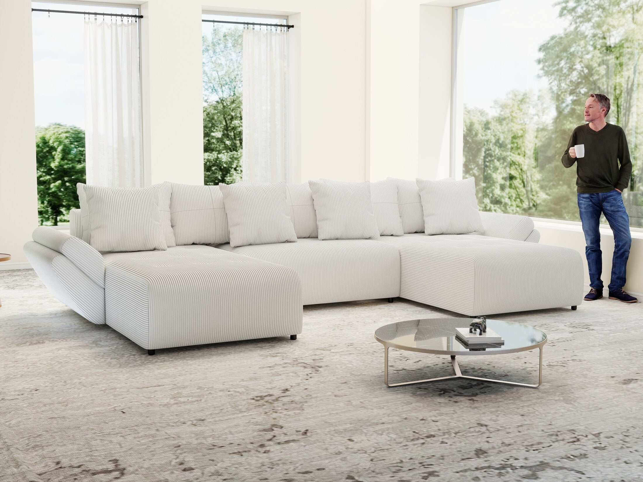 Colțar extensibil dumonde cu ladă de depozitare si sezut confortabil din spuma high-density, Berlin U Zoom Crem 400x185 cm