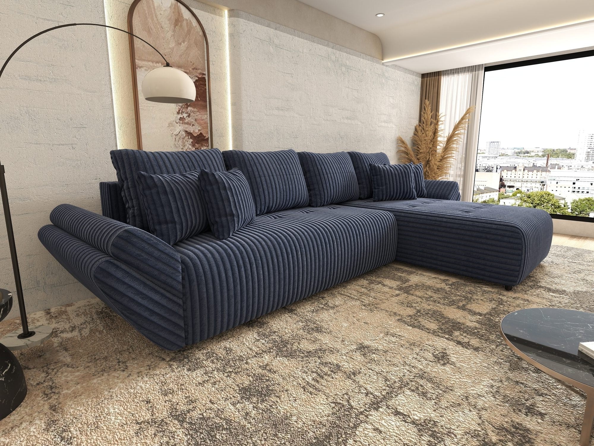 Colțar extensibil dumonde cu ladă de depozitare si sezut confortabil din spuma high-density, Berlin XL Tilia Albastru 77 II 350x185 cm