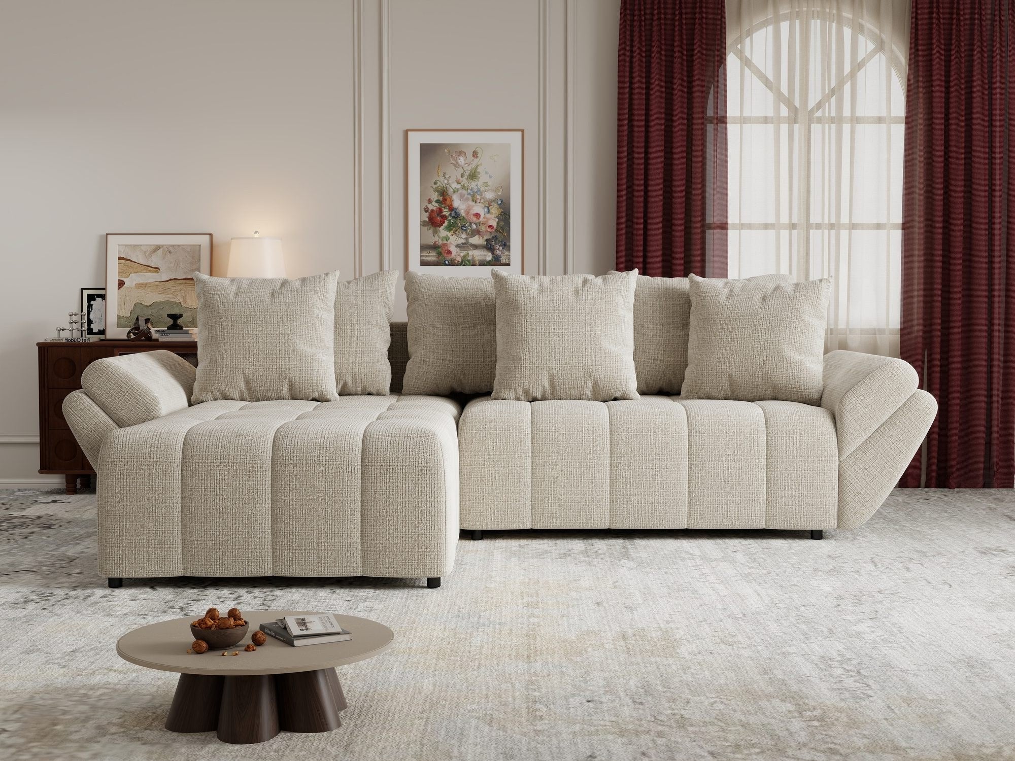 Colțar extensibil dumonde cu ladă de depozitare si sezut confortabil din spuma high-density, Berlin Cremona Gri Deschis 02 280x185 cm