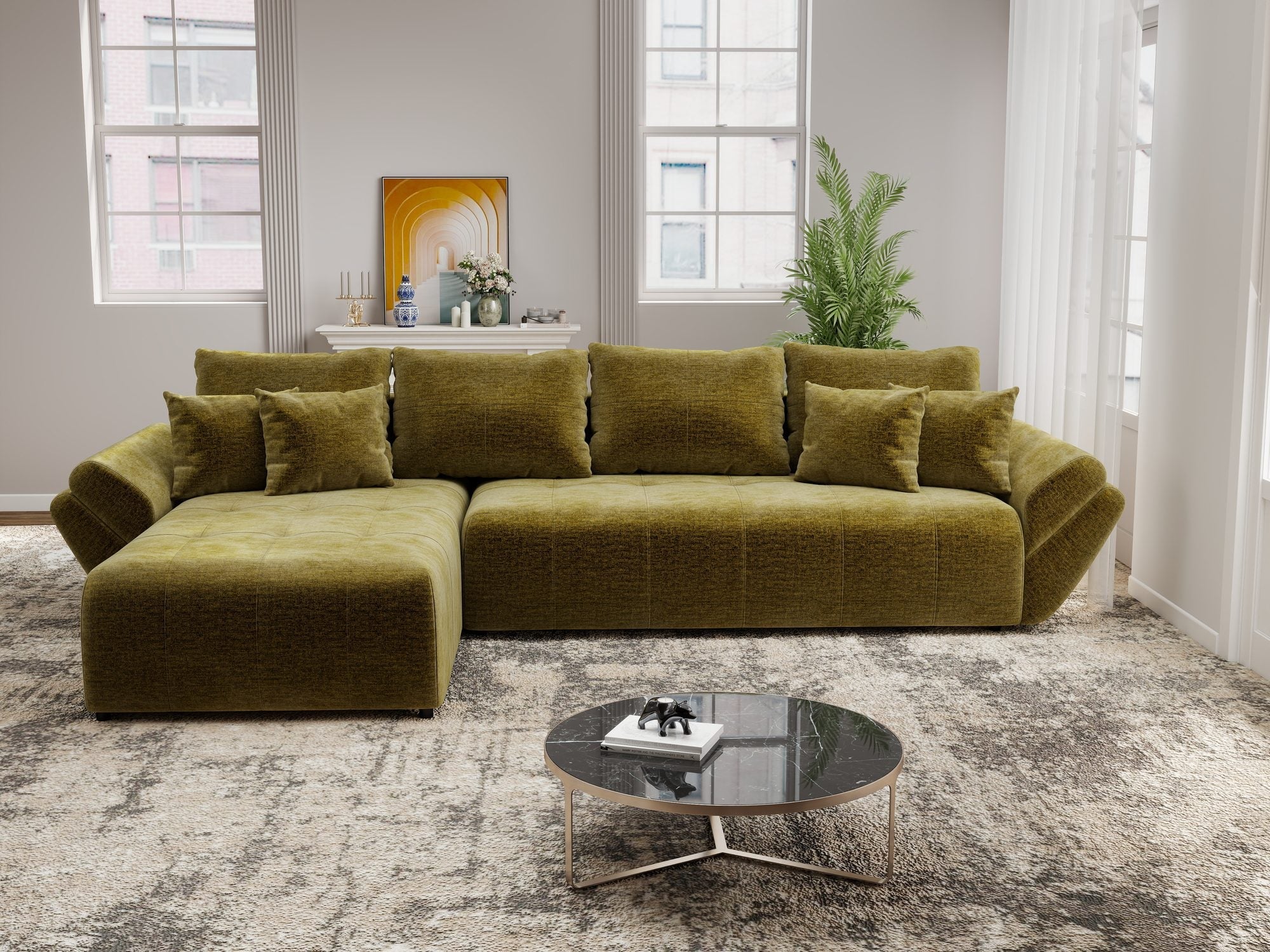 Colțar extensibil dumonde cu ladă de depozitare si sezut confortabil din spuma high-density, Berlin XL Monolith Verde Olive 38 350x185 cm