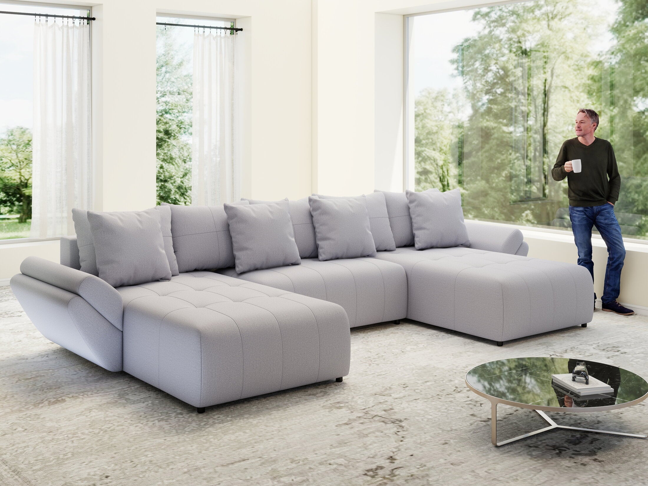 Colțar extensibil dumonde cu ladă de depozitare si sezut confortabil din spuma high-density, Berlin U Enjoy Gri 400x185 cm