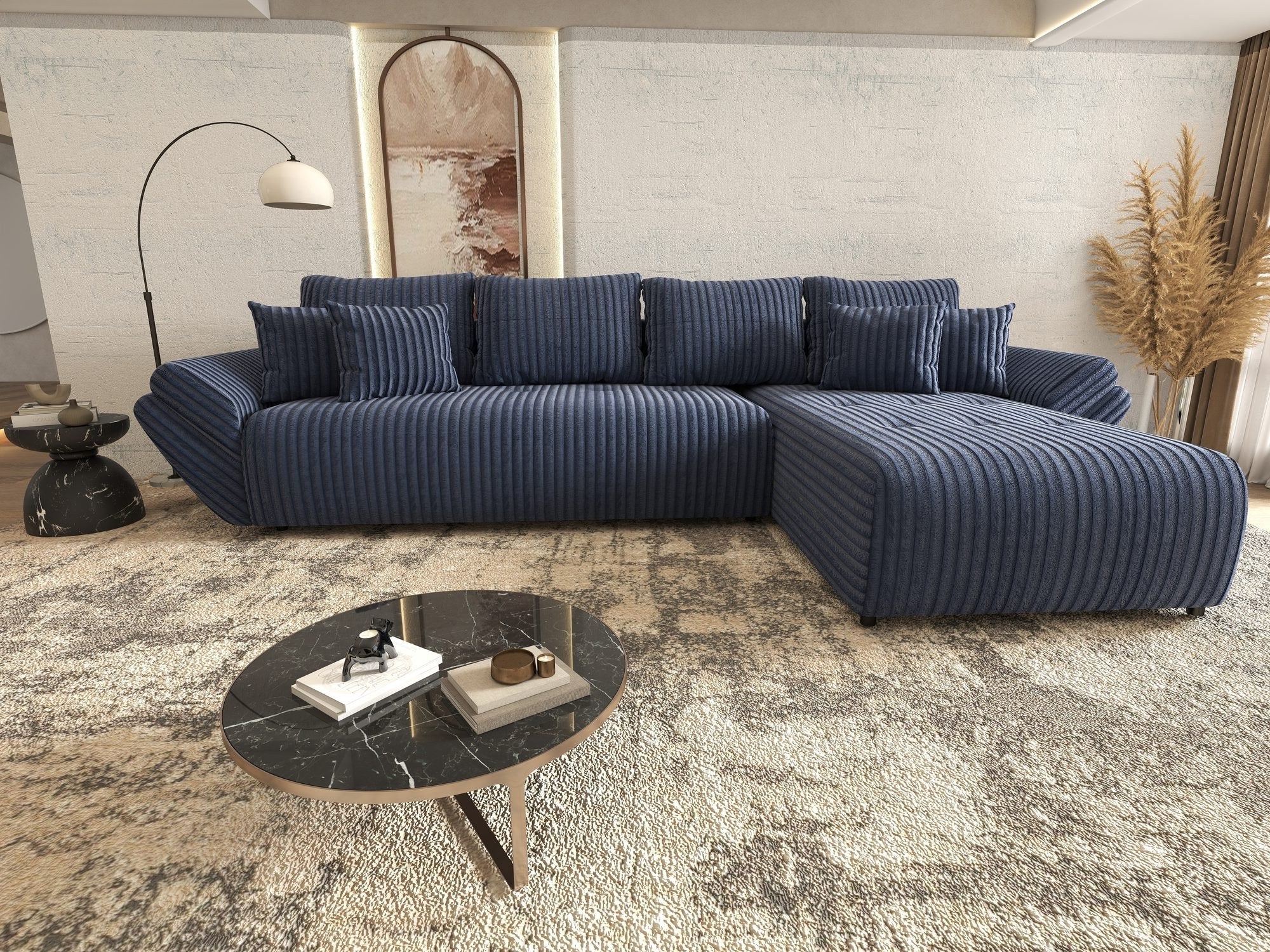 Colțar extensibil dumonde cu ladă de depozitare si sezut confortabil din spuma high-density, Berlin XL Tilia Albastru 77 II 350x185 cm