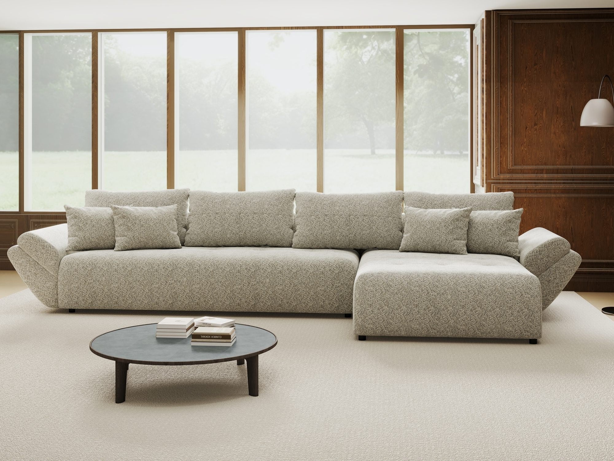 Colțar extensibil dumonde cu ladă de depozitare si sezut confortabil din spuma high-density, Berlin XL Arena Bej 2 II 350x185 cm