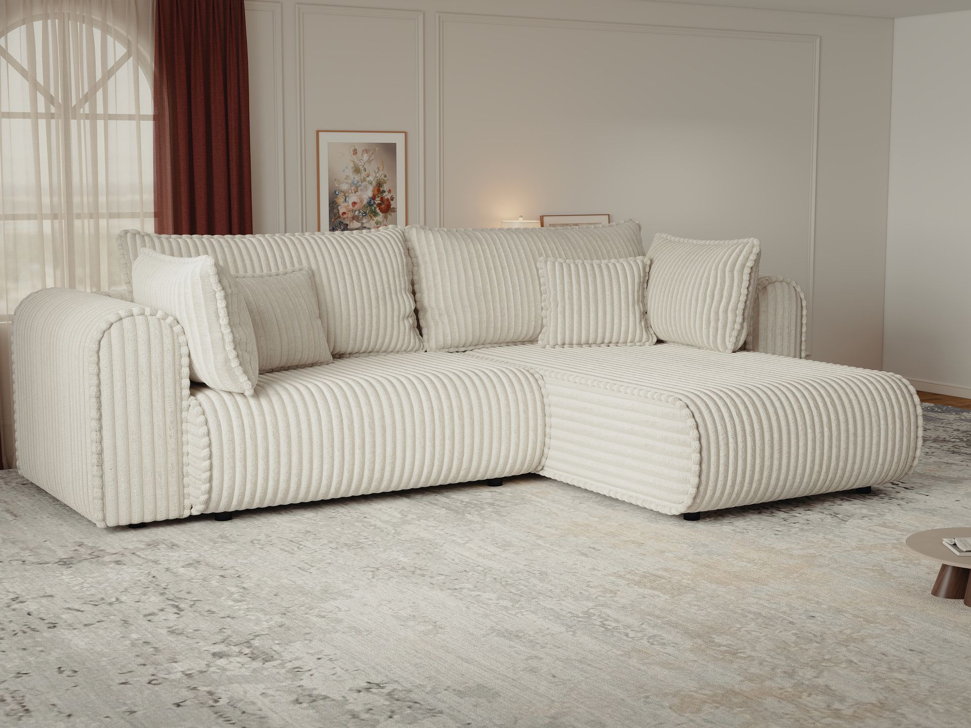 Colțar extensibil dumonde cu ladă de depozitare si sezut confortabil din spuma high-density, Monaco L Tilia Crem II 270x100 cm