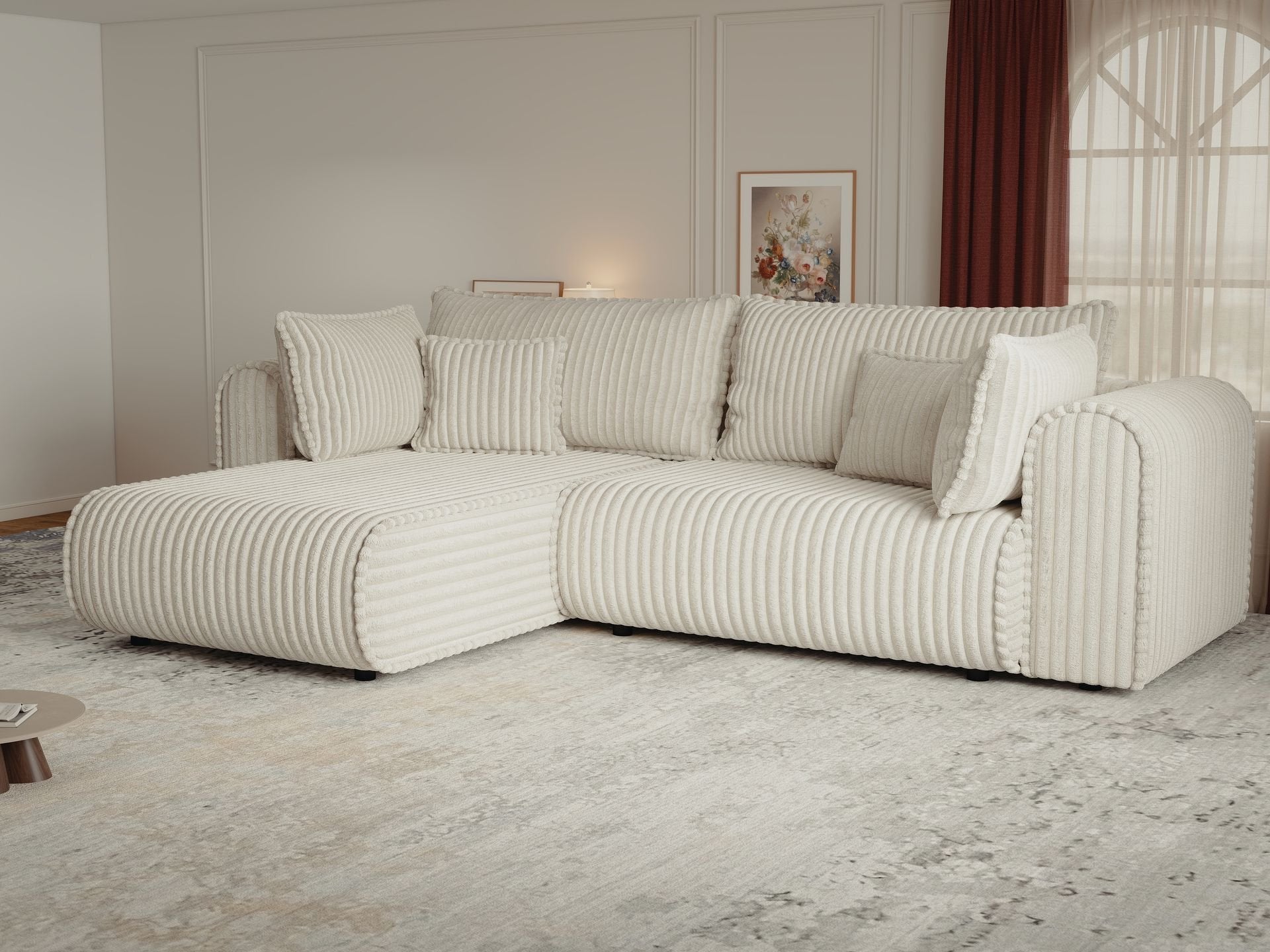 Colțar extensibil dumonde cu ladă de depozitare si sezut confortabil din spuma high-density, Monaco L Tilia Crem 270x100 cm