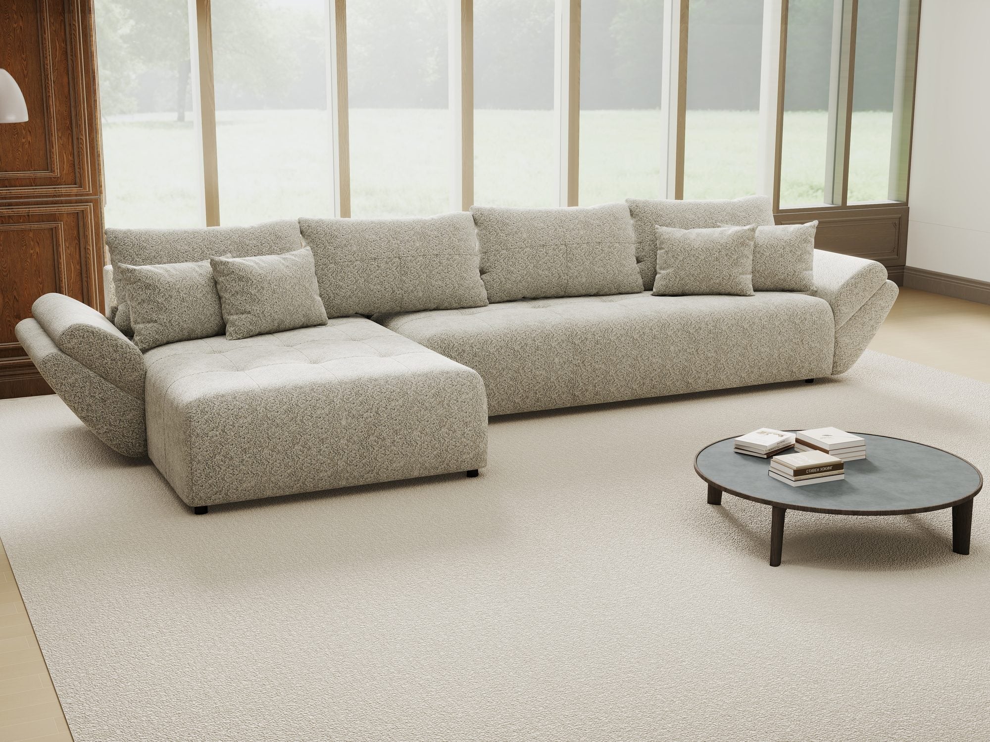 Colțar extensibil dumonde cu ladă de depozitare si sezut confortabil din spuma high-density, Berlin XL Arena Bej 2 350x185 cm