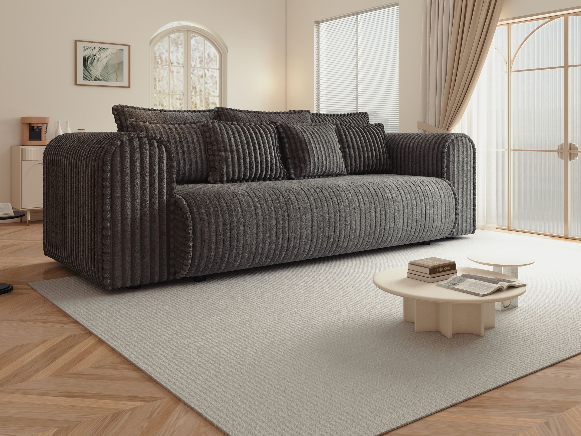 Canapea extensibilă dumonde cu ladă de depozitare si sezut confortabil din spuma high-density, Monaco Mica Tilia Grafit 240x100 cm