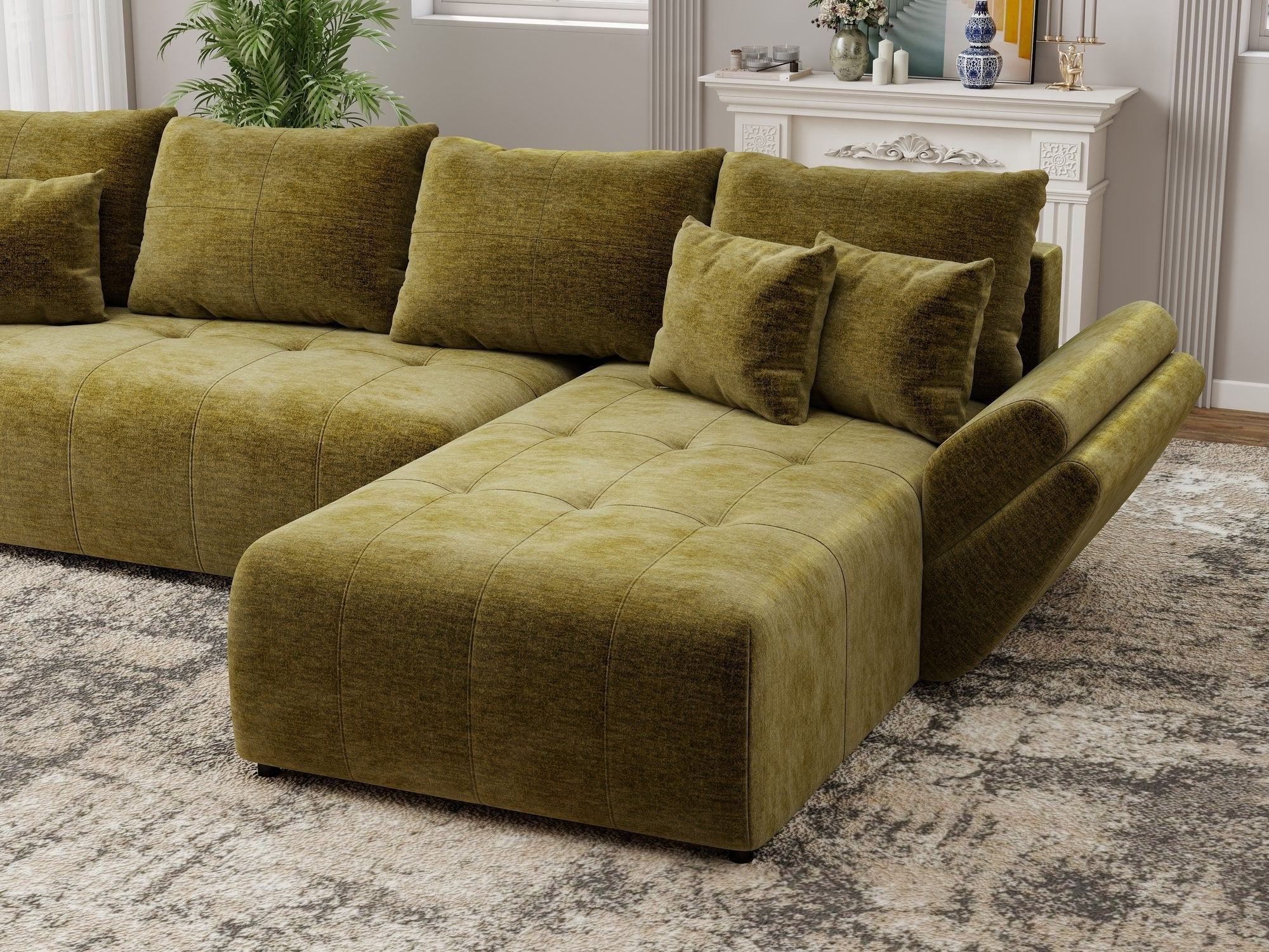 Colțar extensibil dumonde cu ladă de depozitare si sezut confortabil din spuma high-density, Berlin XL Monolith Verde Olive 38 II 350x185 cm