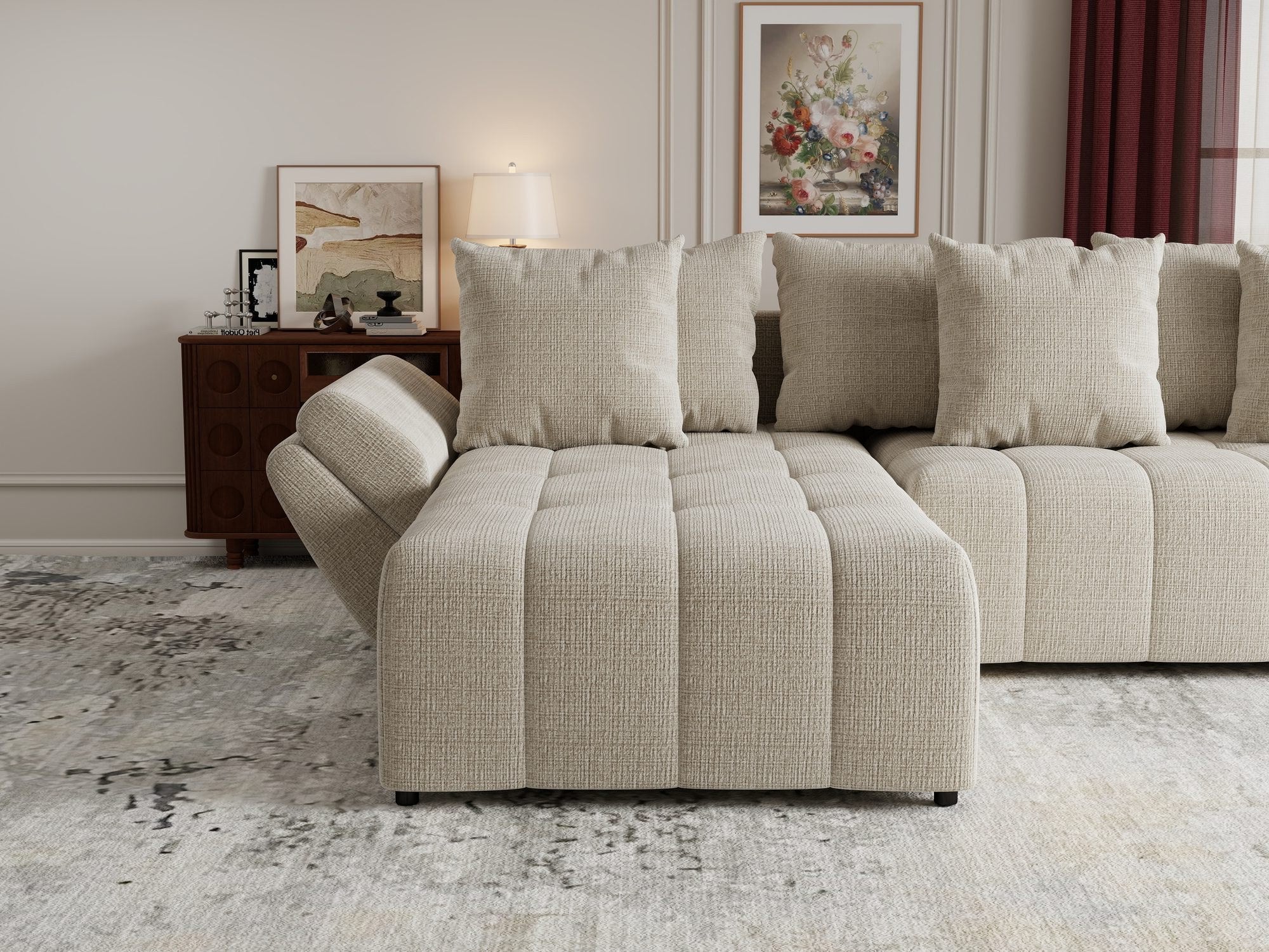 Colțar extensibil dumonde cu ladă de depozitare si sezut confortabil din spuma high-density, Berlin Cremona Gri Deschis 02 280x185 cm