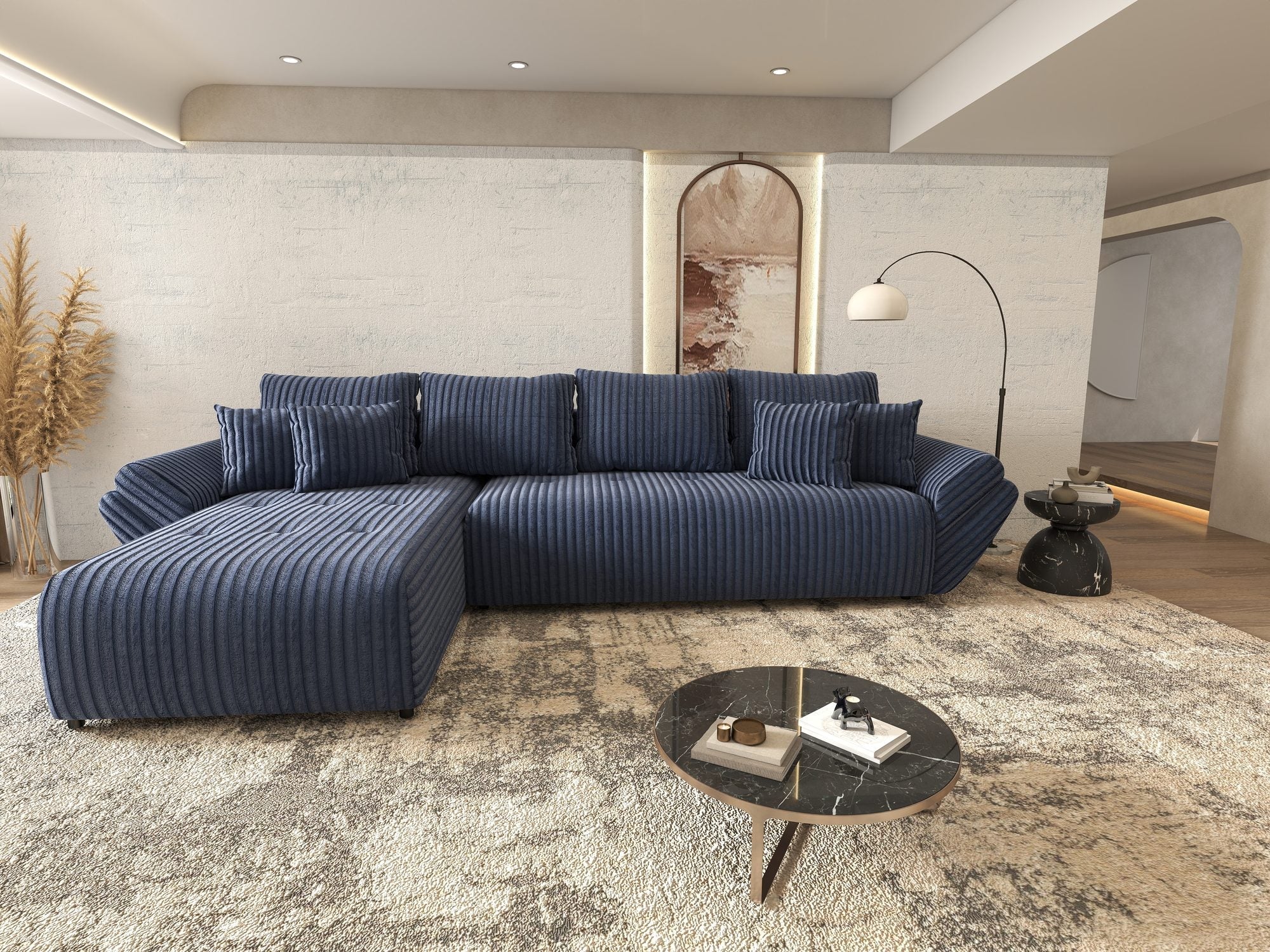 Colțar extensibil dumonde cu ladă de depozitare si sezut confortabil din spuma high-density, Berlin XL Tilia Albastru 77 350x185 cm