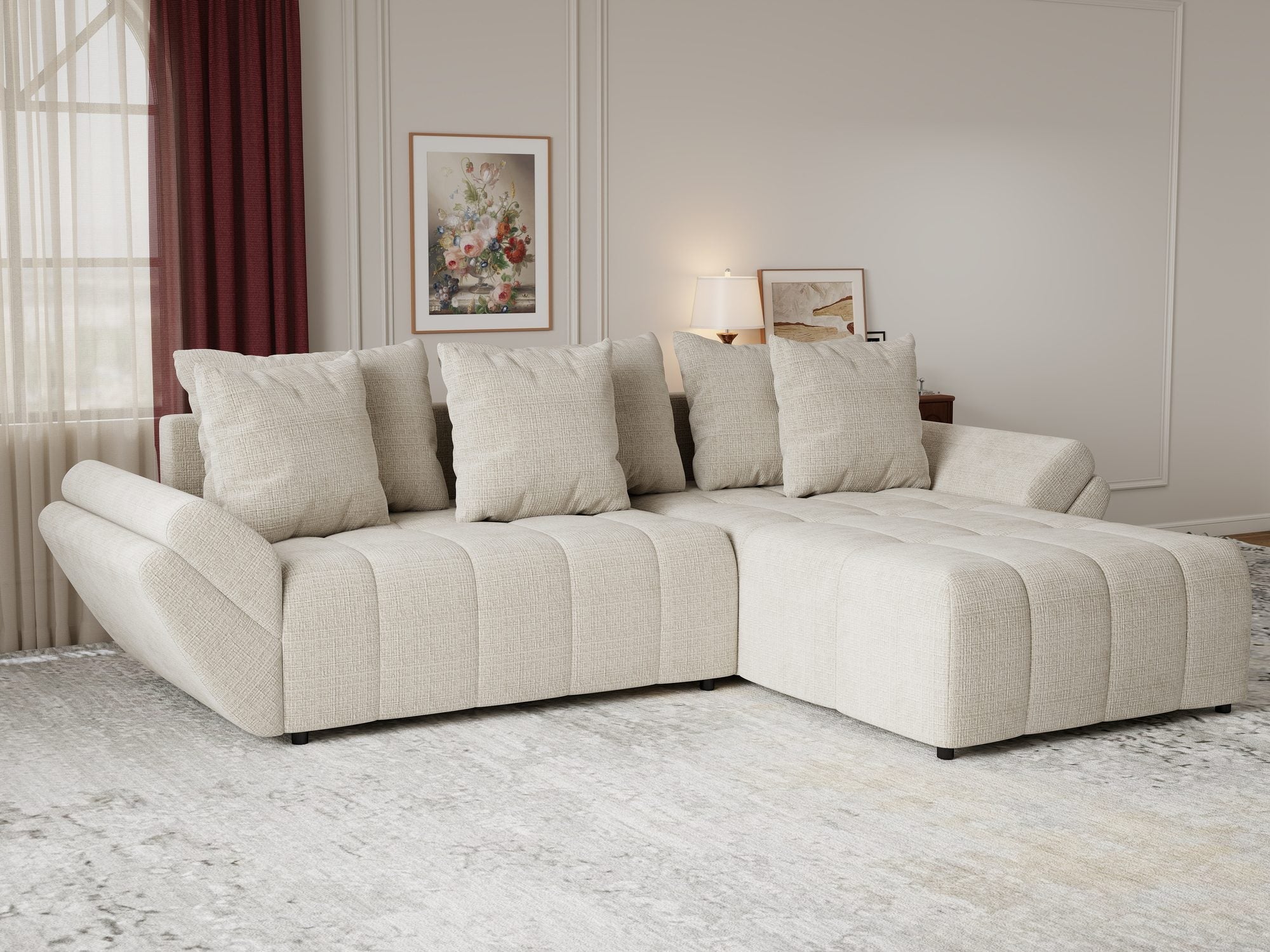 Colțar extensibil dumonde cu ladă de depozitare si sezut confortabil din spuma high-density, Berlin Cremona Gri Deschis 02 II 280x185 cm
