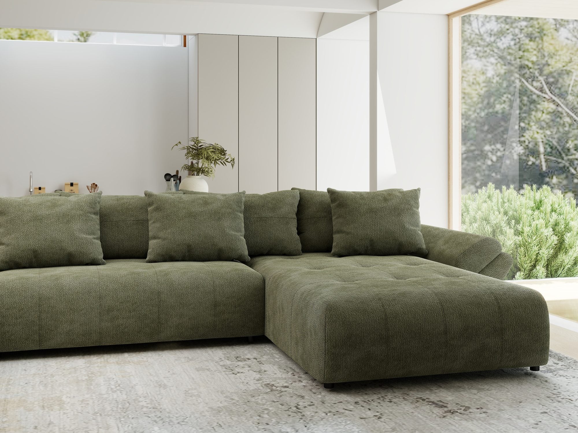 Colțar extensibil dumonde cu ladă de depozitare si sezut confortabil din spuma high-density, Berlin U Vibe Olive 38 380x180 cm