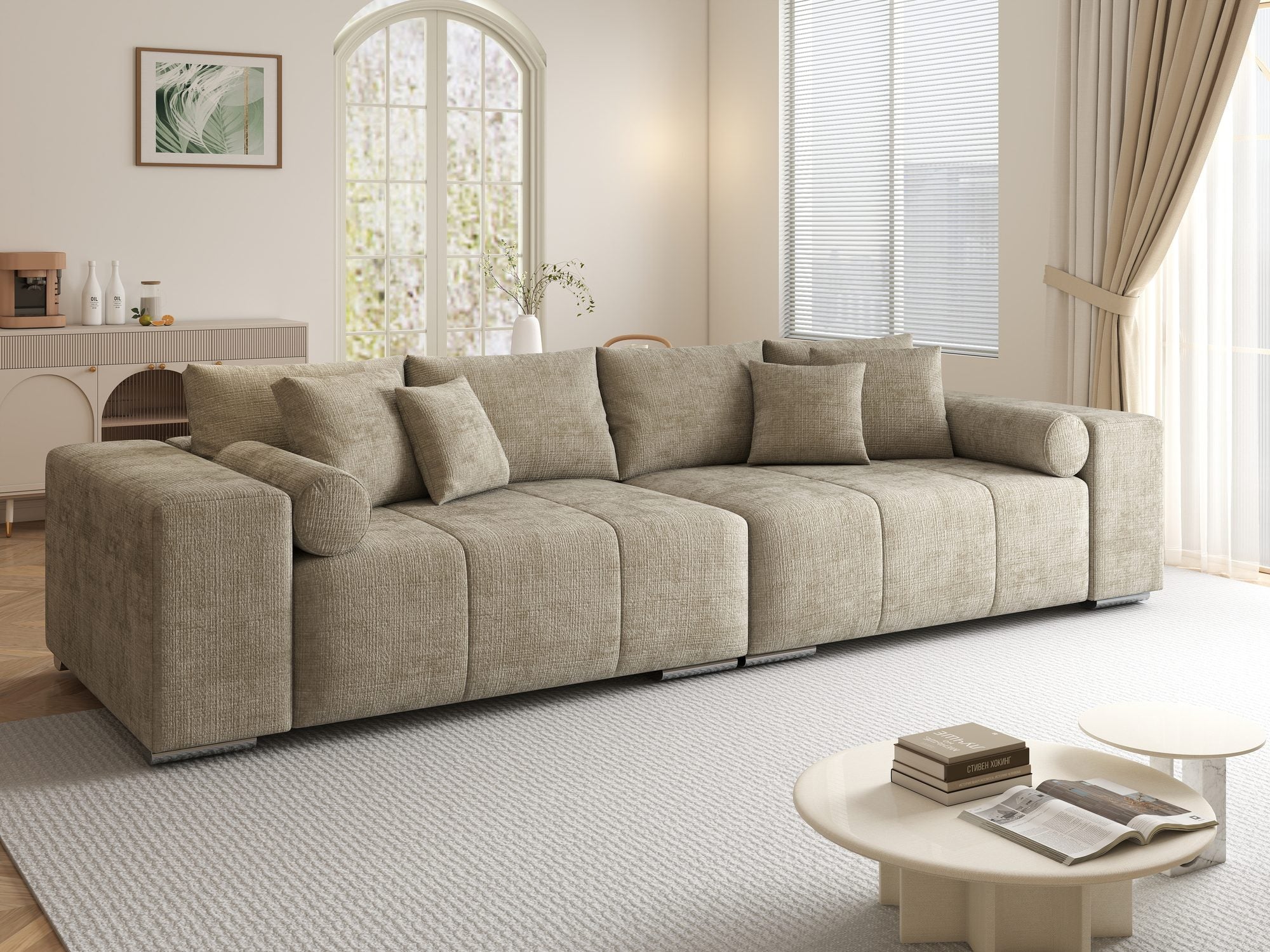 Canapea extensibilă dumonde cu ladă de depozitare si sezut confortabil din spuma high-density, Marbela XXL Cremona Bej 14 290x100 cm