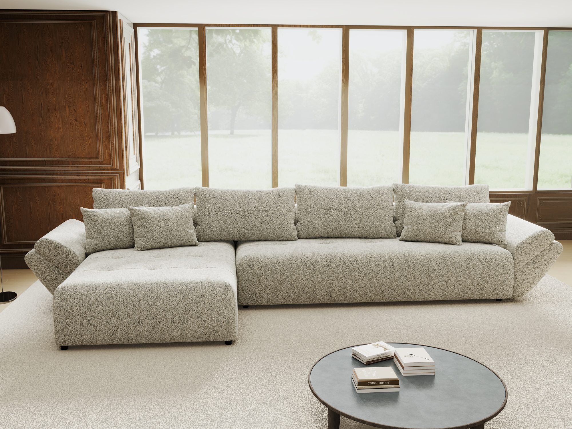 Colțar extensibil dumonde cu ladă de depozitare si sezut confortabil din spuma high-density, Berlin XL Arena Bej 2 350x185 cm