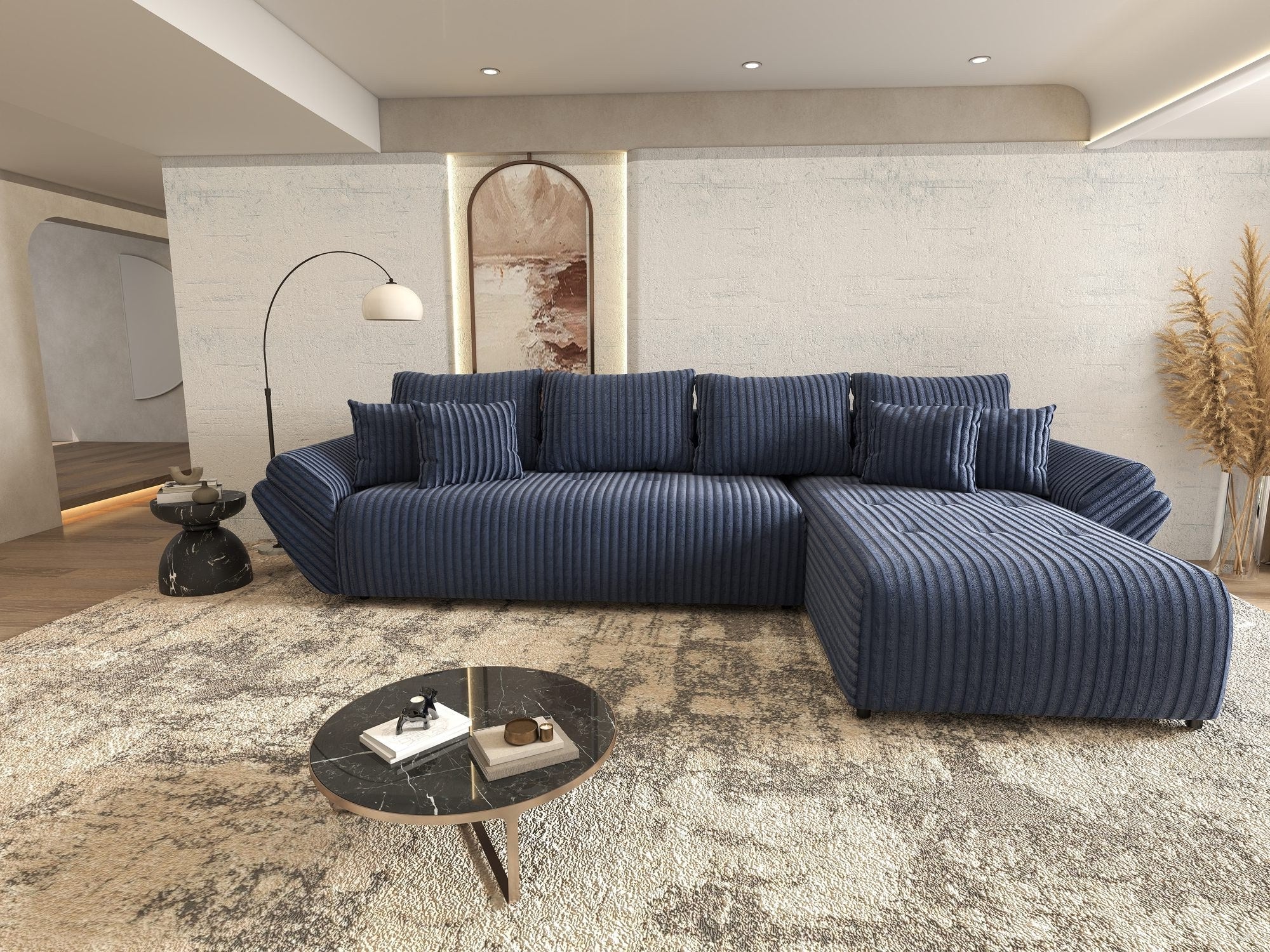 Colțar extensibil dumonde cu ladă de depozitare si sezut confortabil din spuma high-density, Berlin XL Tilia Albastru 77 II 350x185 cm