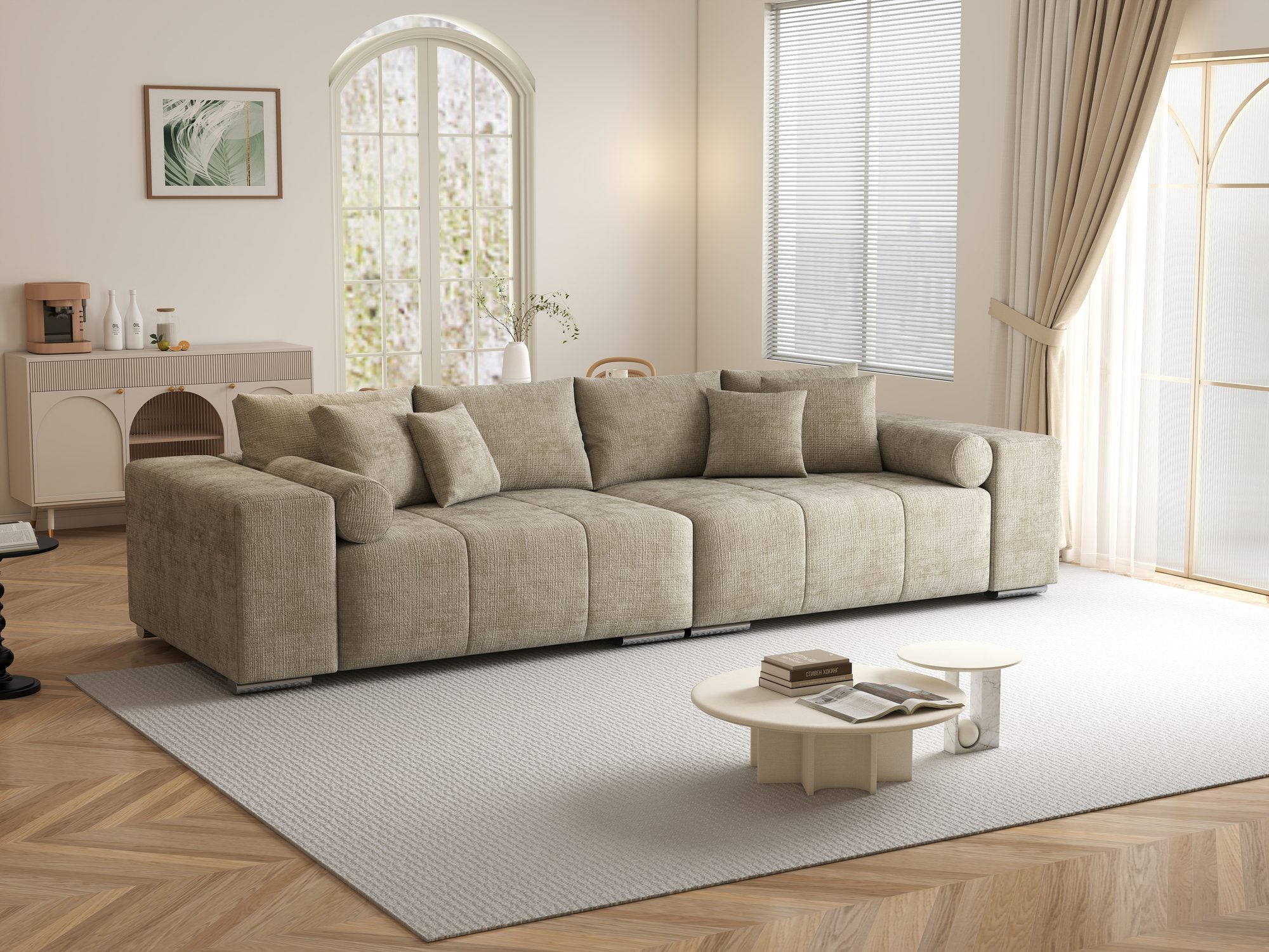 Canapea extensibilă dumonde cu ladă de depozitare si sezut confortabil din spuma high-density, Marbela XXL Cremona Bej 14 290x100 cm