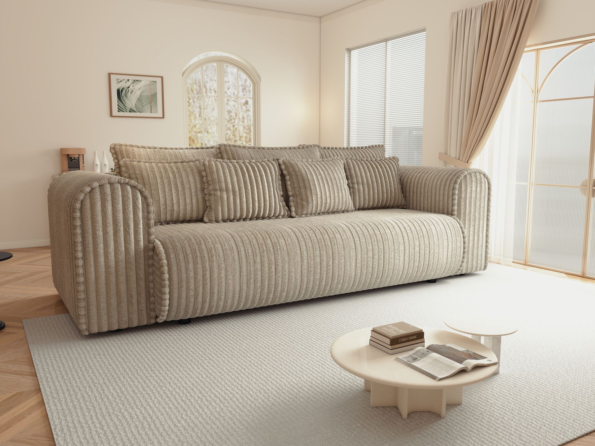 Canapea extensibilă dumonde cu ladă de depozitare si sezut confortabil din spuma high-density, Monaco Mica Tilia Bej 240x100 cm