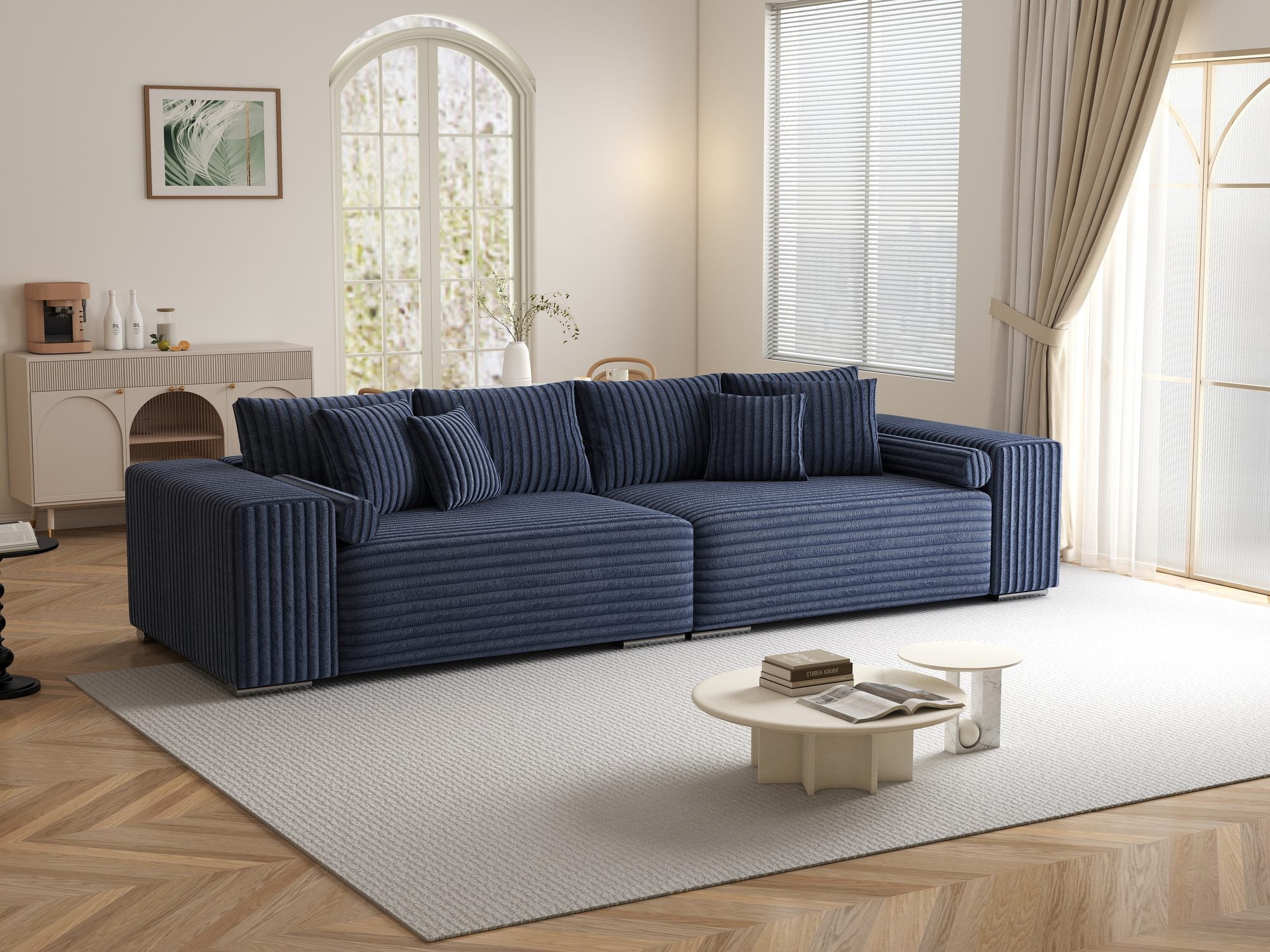 Canapea extensibilă dumonde cu ladă de depozitare si sezut confortabil din spuma high-density, Marbela XXL Tilia Albastru 77 290x100 cm