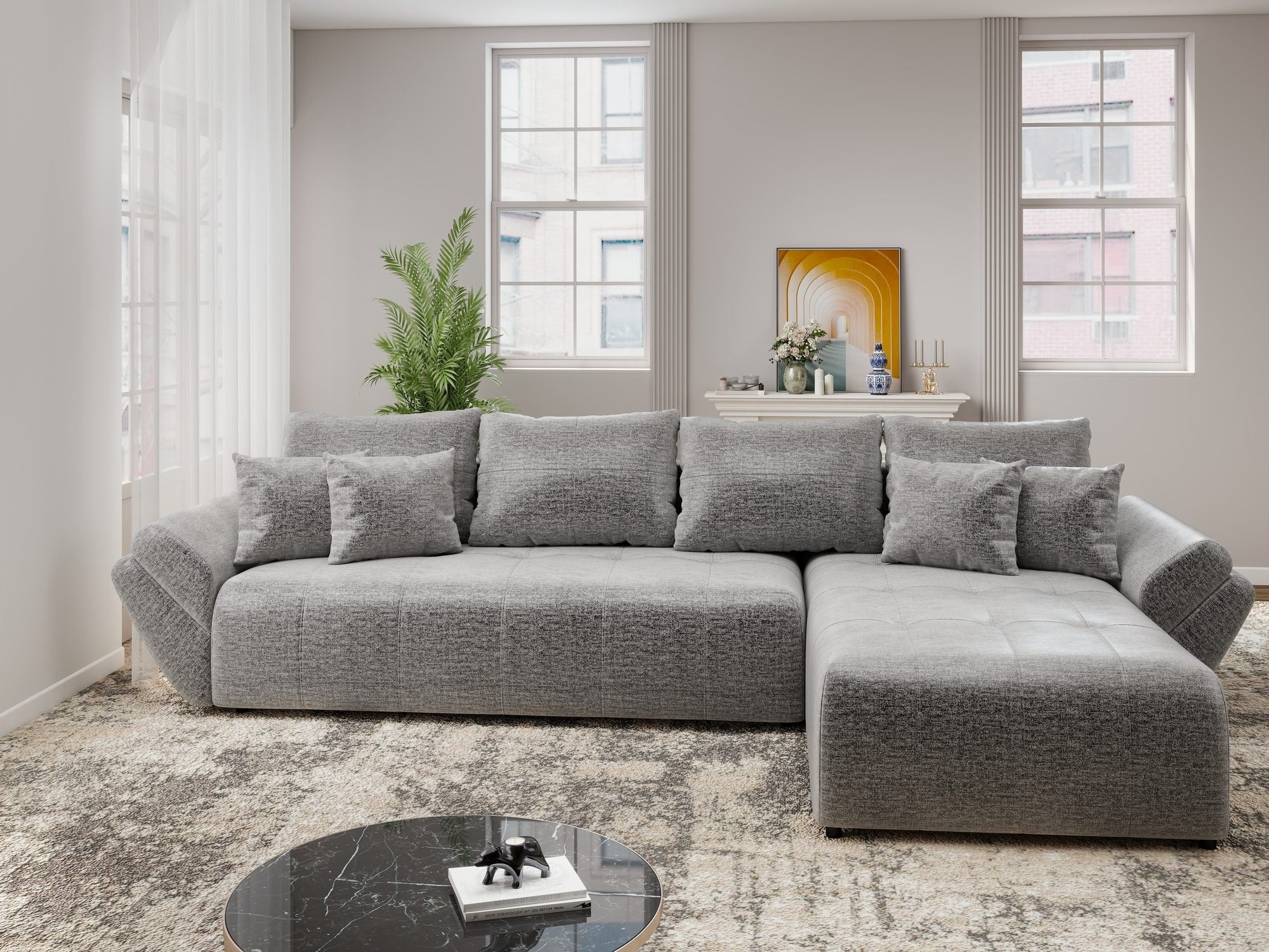 Colțar extensibil dumonde cu ladă de depozitare si sezut confortabil din spuma high-density, Berlin XL Monolith Gri 85 II 350x185 cm