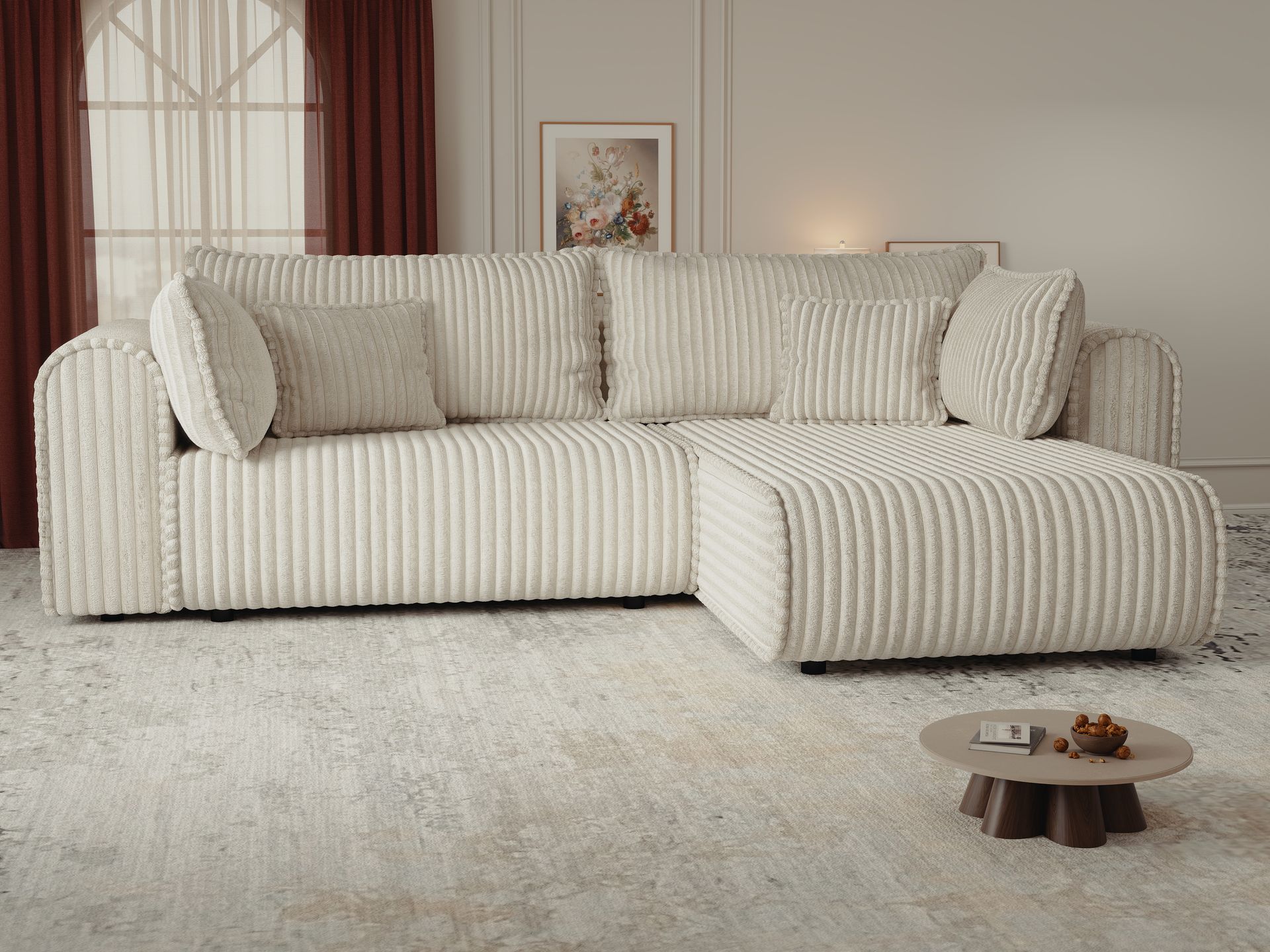 Colțar extensibil dumonde cu ladă de depozitare si sezut confortabil din spuma high-density, Monaco L Tilia Crem II 270x100 cm