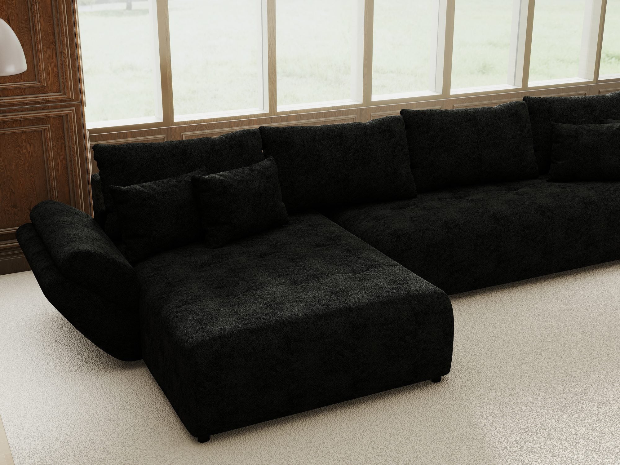 Colțar extensibil dumonde cu ladă de depozitare si sezut confortabil din spuma high-density, Berlin XL Quelle Negru 100 350x185 cm
