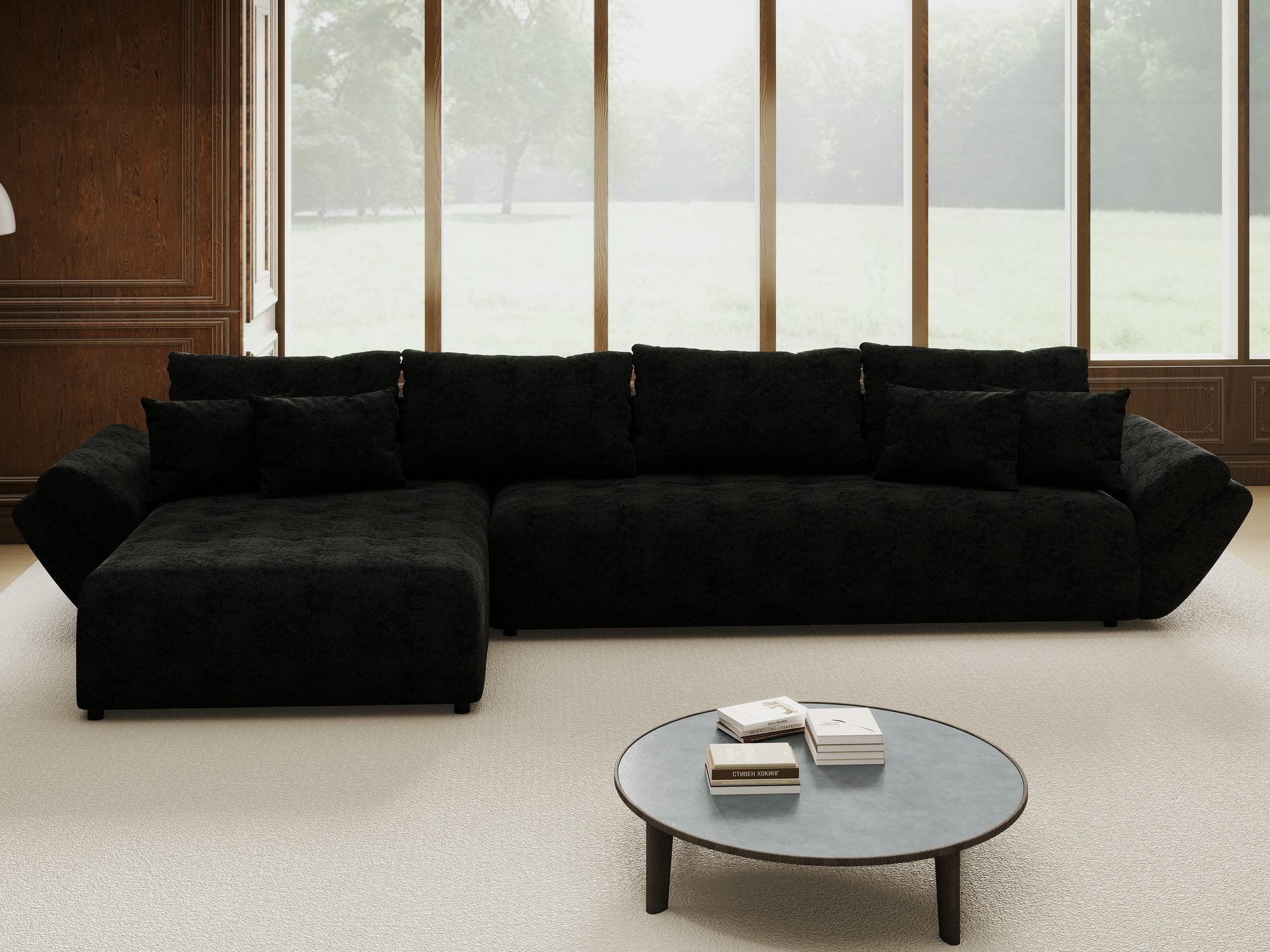 Colțar extensibil dumonde cu ladă de depozitare si sezut confortabil din spuma high-density, Berlin XL Quelle Negru 100 350x185 cm