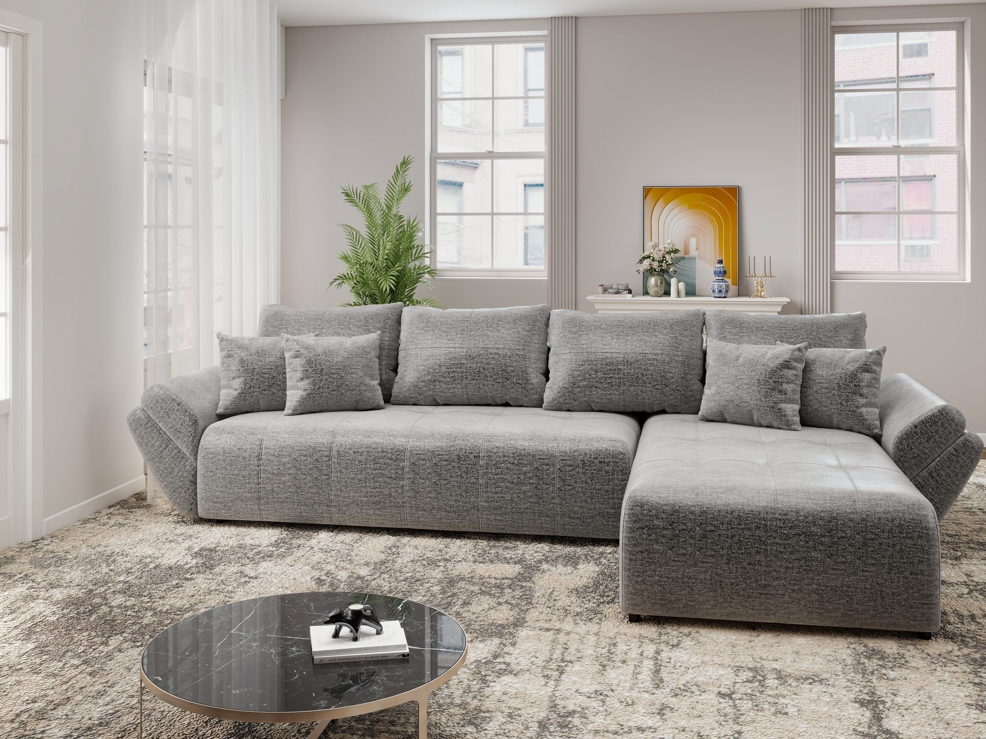 Colțar extensibil dumonde cu ladă de depozitare si sezut confortabil din spuma high-density, Berlin XL Monolith Gri 85 II 350x185 cm