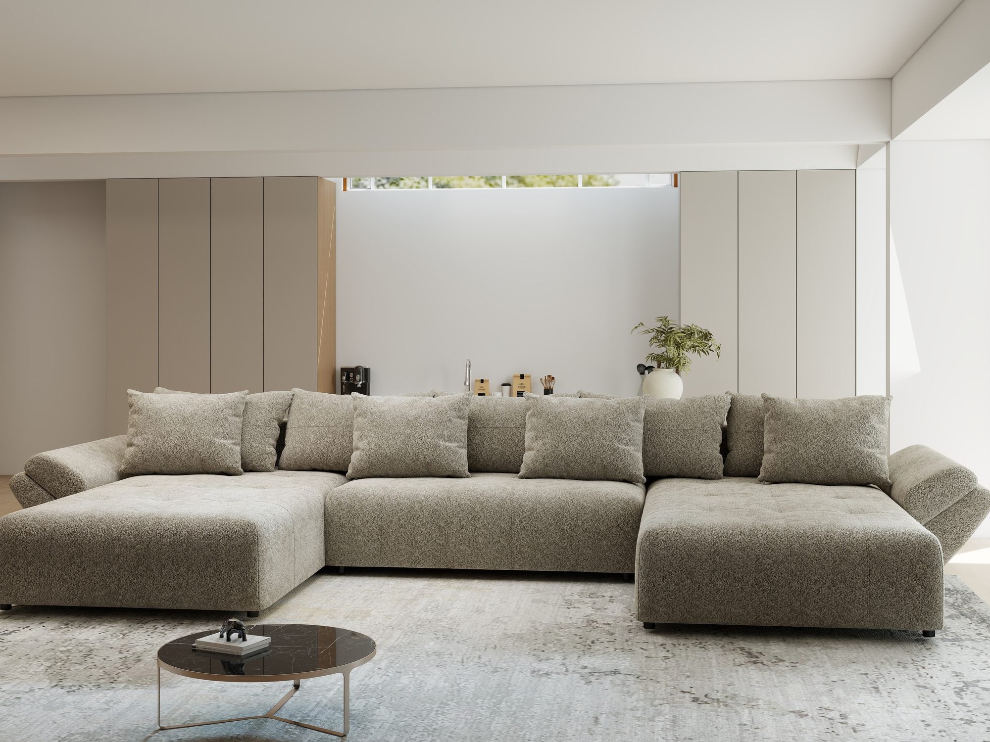 Colțar extensibil dumonde cu ladă de depozitare si sezut confortabil din spuma high-density, Berlin U Arena Bej 4 380x180 cm