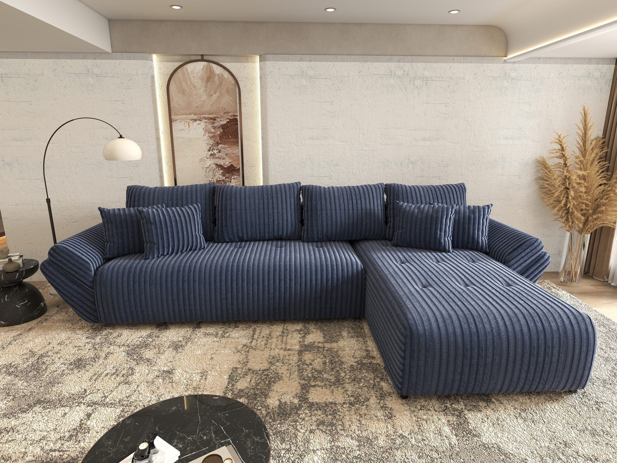 Colțar extensibil dumonde cu ladă de depozitare si sezut confortabil din spuma high-density, Berlin XL Tilia Albastru 77 II 350x185 cm