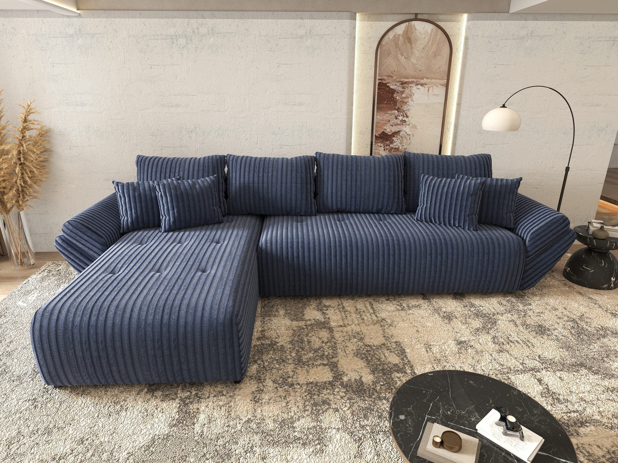 Colțar extensibil dumonde cu ladă de depozitare si sezut confortabil din spuma high-density, Berlin XL Tilia Albastru 77 350x185 cm