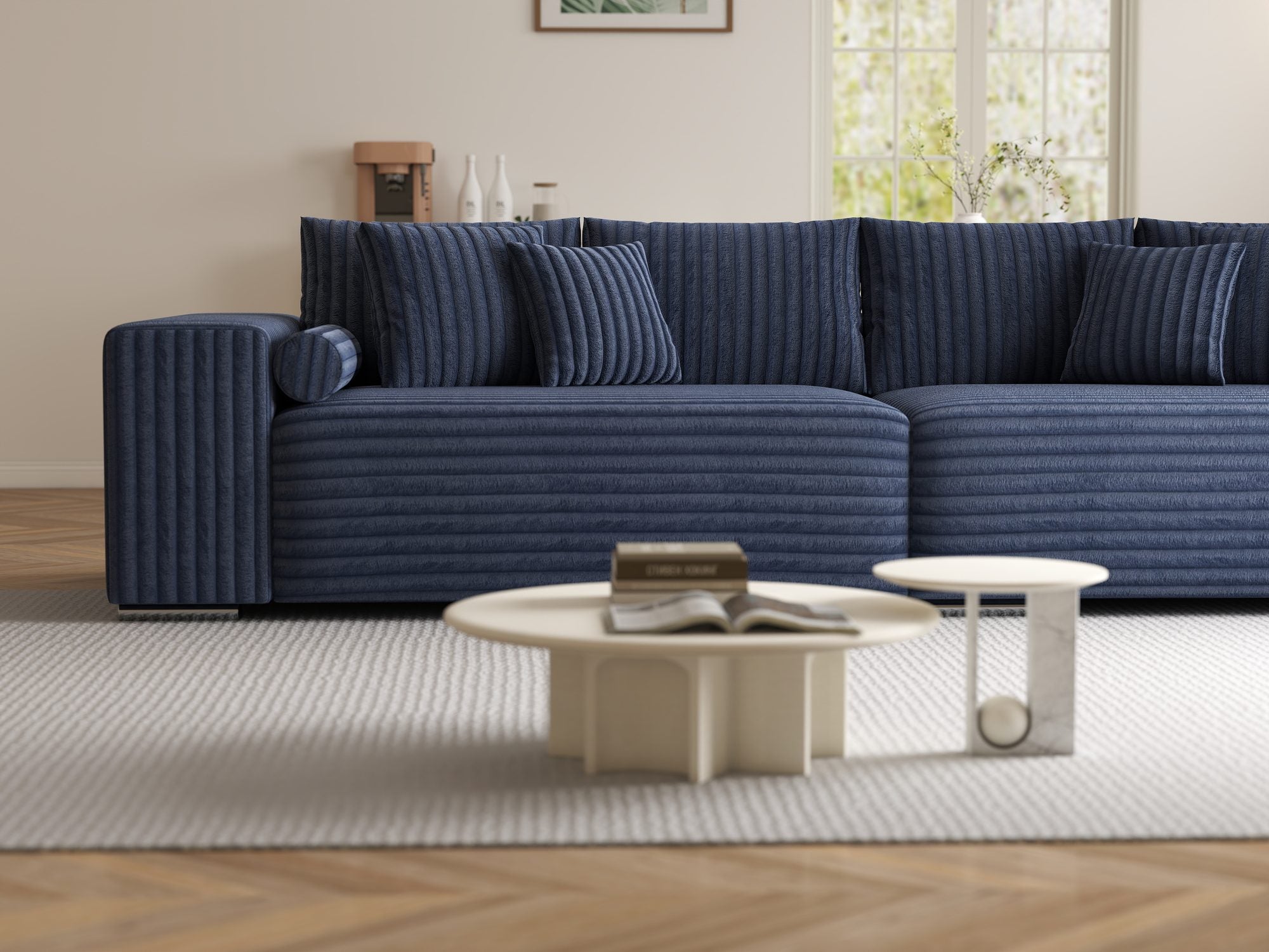Canapea extensibilă dumonde cu ladă de depozitare si sezut confortabil din spuma high-density, Marbela XXL Tilia Albastru 77 290x100 cm