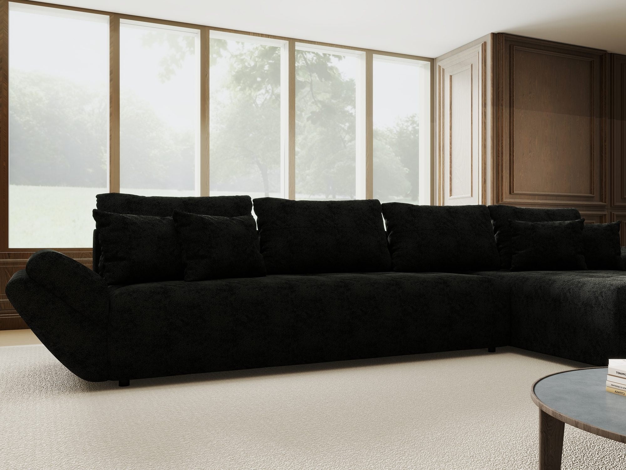 Colțar extensibil dumonde cu ladă de depozitare si sezut confortabil din spuma high-density, Berlin XL Quelle Negru 100 II 350x185 cm
