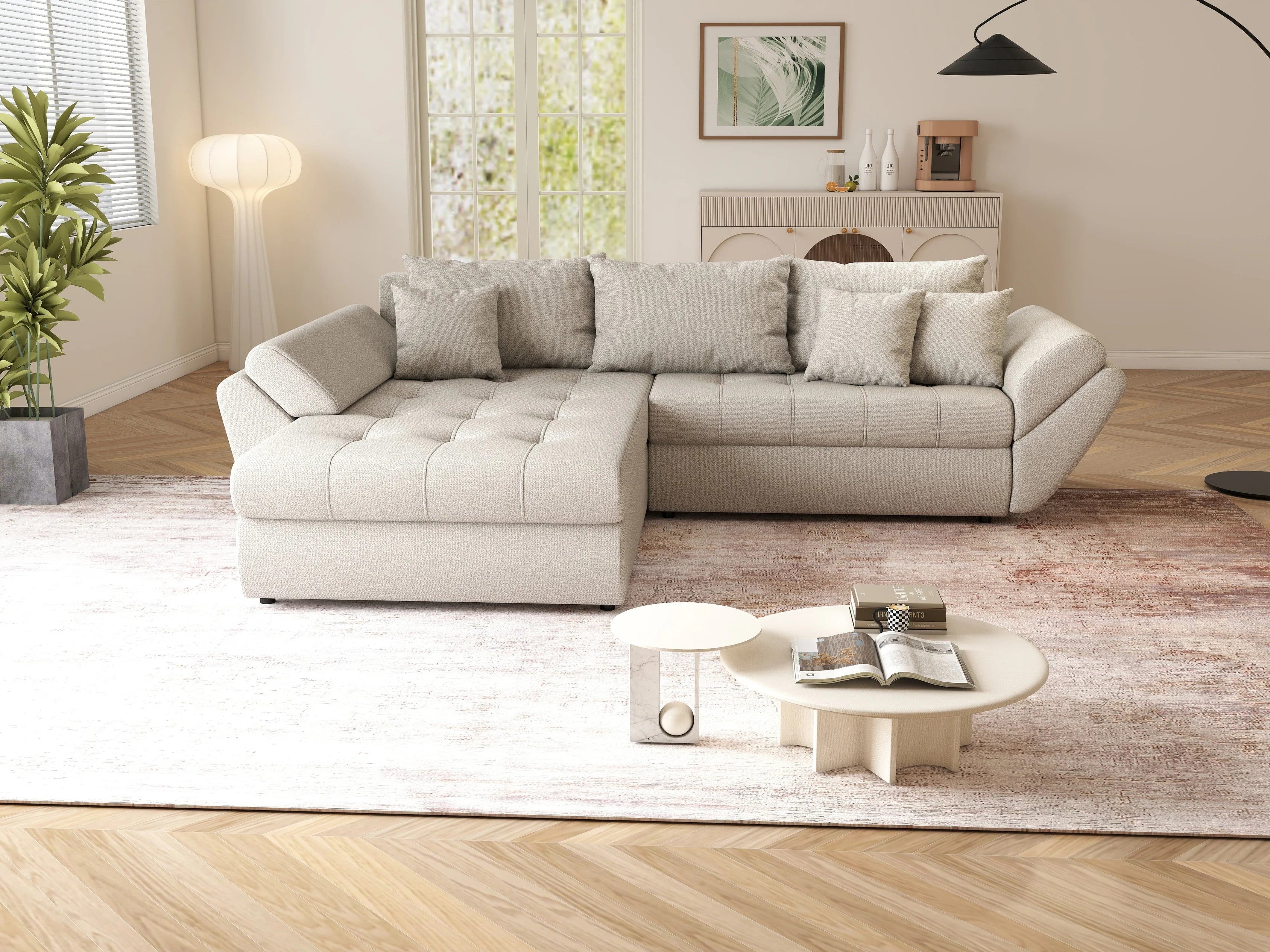 Colțar extensibil dumonde cu ladă de depozitare si sezut confortabil din spuma HR, Loana Enjoy Bej 270x185 cm Fabrica