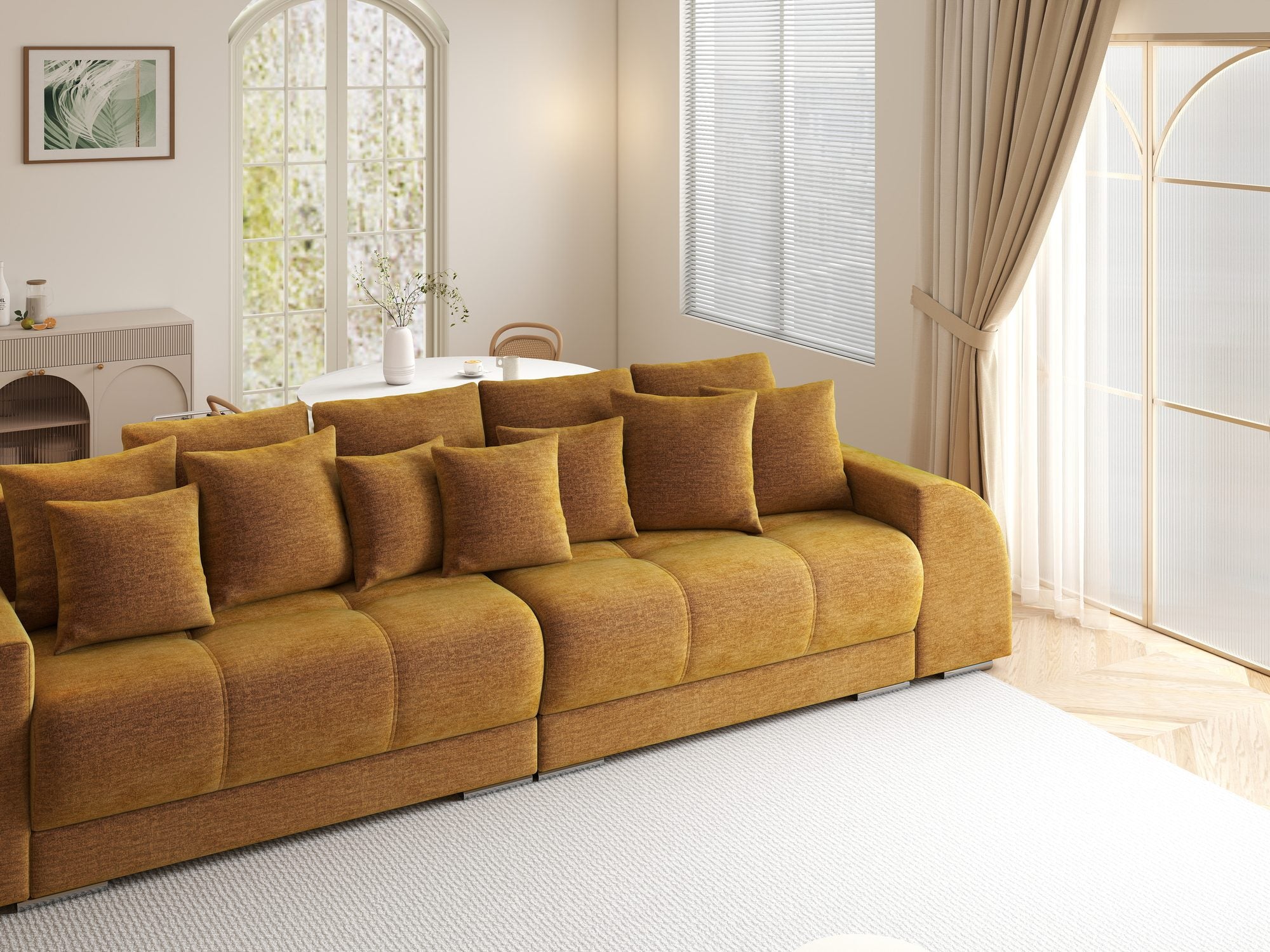 Canapea extensibilă dumonde cu 2 lăzi de depozitare si sezut confortabil din spuma high-density, Verona Monolith Mustar 48 310x100 cm