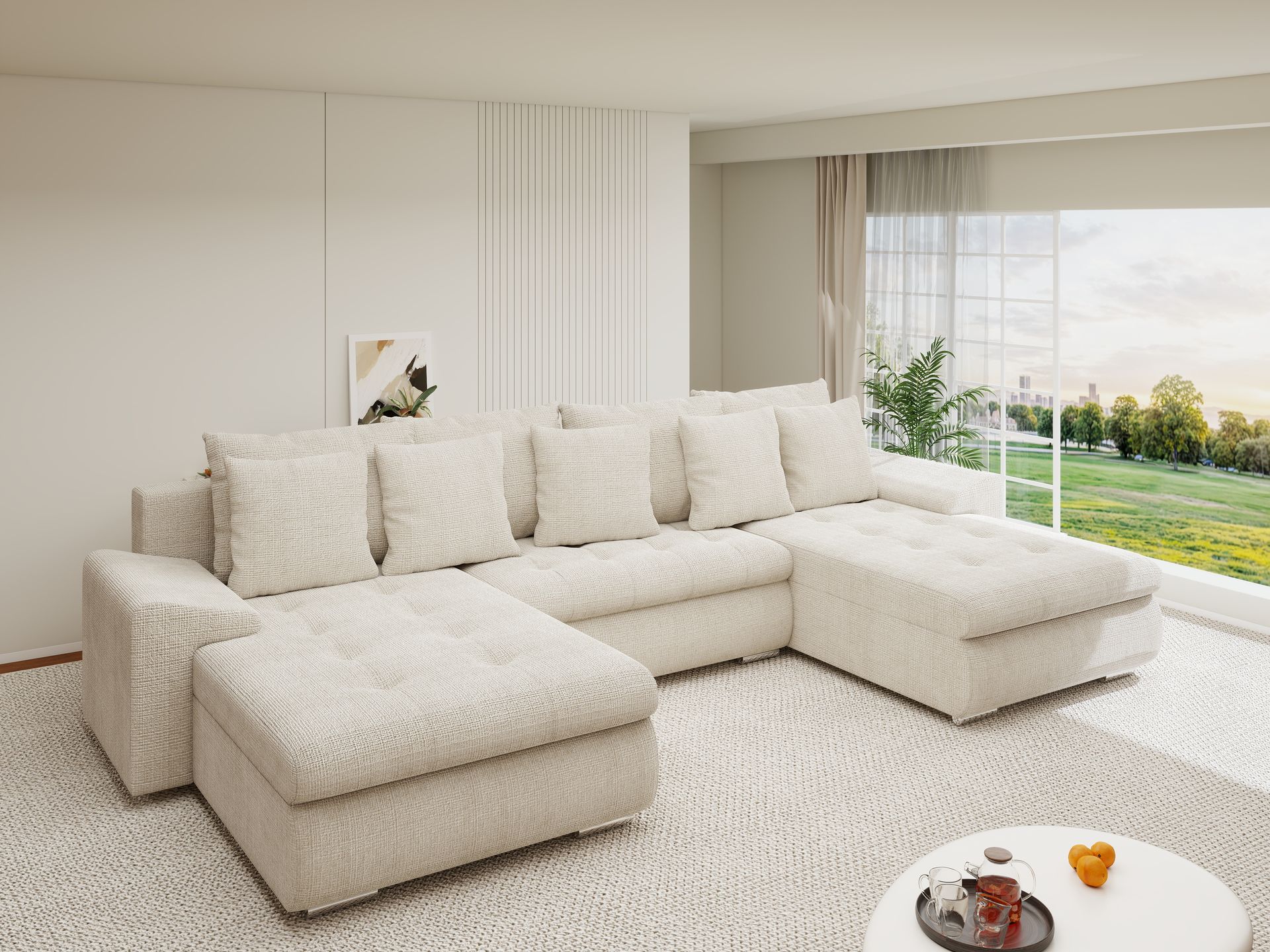 Colțar extensibil dumonde cu ladă de depozitare si sezut confortabil din spuma high-density, Leonardo U Cremona Gri Deschis 02 360x185 cm