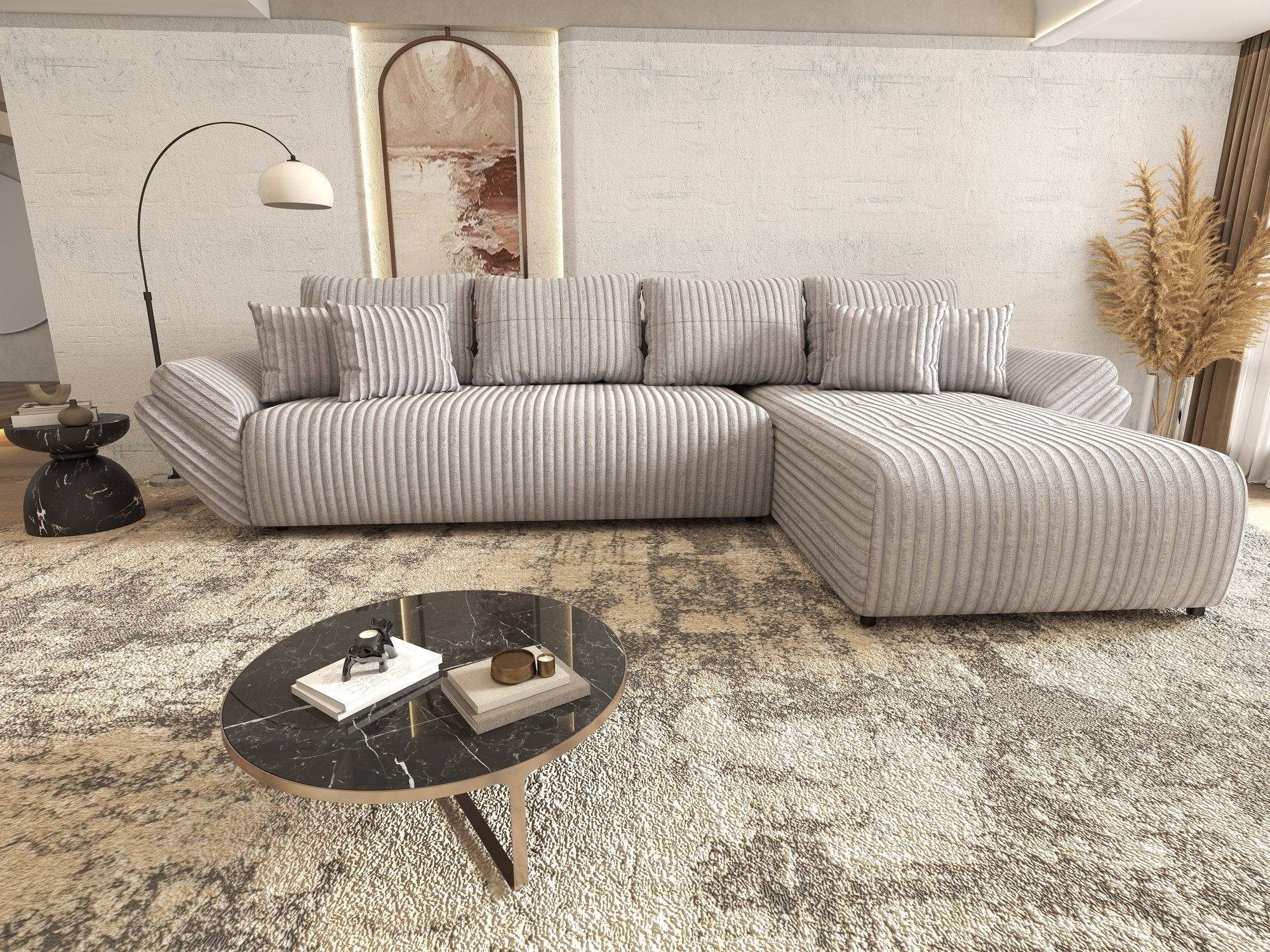 Colțar extensibil dumonde cu ladă de depozitare si sezut confortabil din spuma high-density, Berlin XL Tilia Gri 86 II 350x185 cm