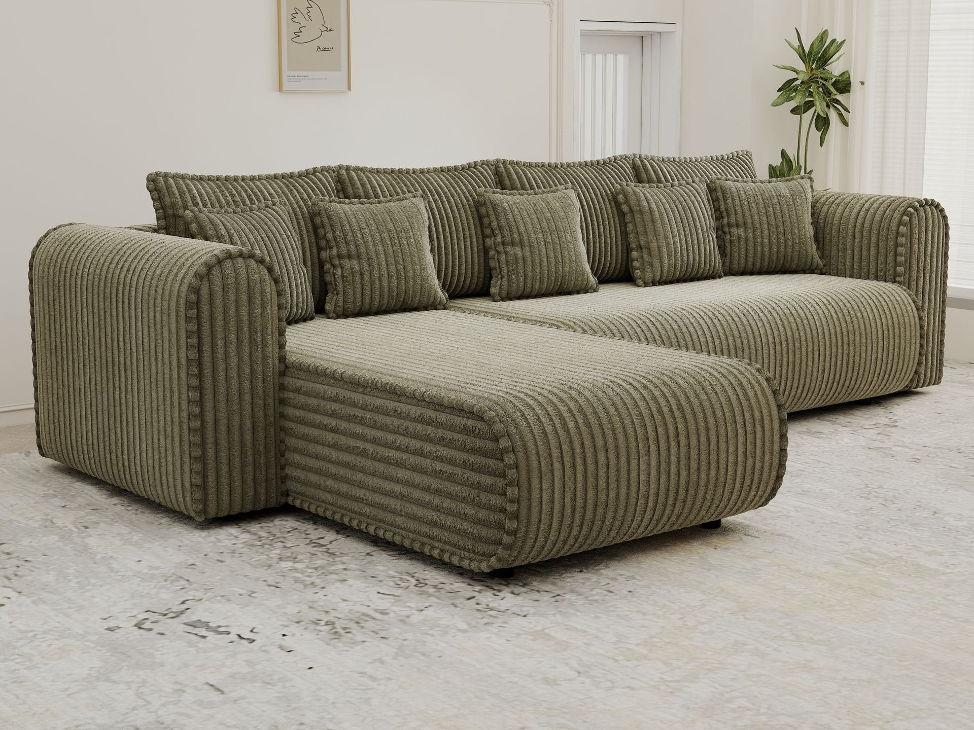 Colțar extensibil dumonde cu ladă de depozitare si sezut confortabil din spuma high-density, Monaco XL Tilia Olive 340x185 cm