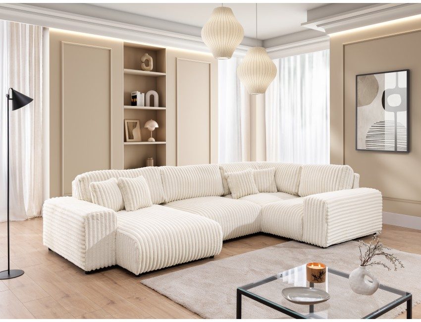 Dumonde kihúzható sarokkanapé tárolórekesszel és kényelmes, nagy sűrűségű habszivacs ülőfelülettel, Justin Tilia alb 316x194 cm