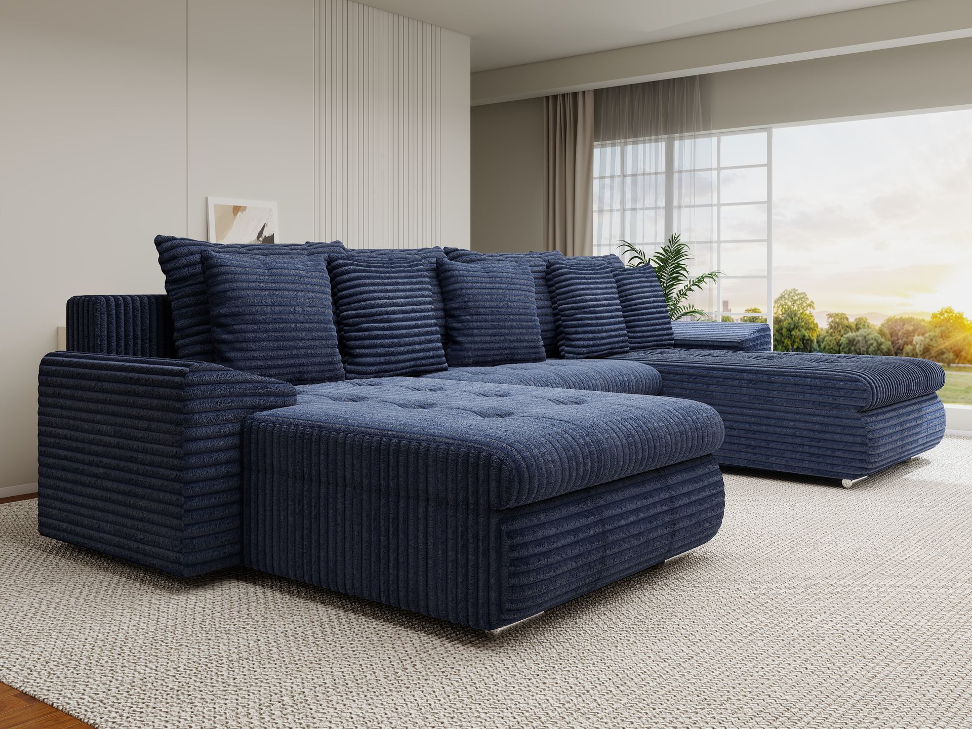 Colțar extensibil dumonde cu ladă de depozitare si sezut confortabil din spuma high-density, Leonardo U Tilia Albastru 77 360x185 cm